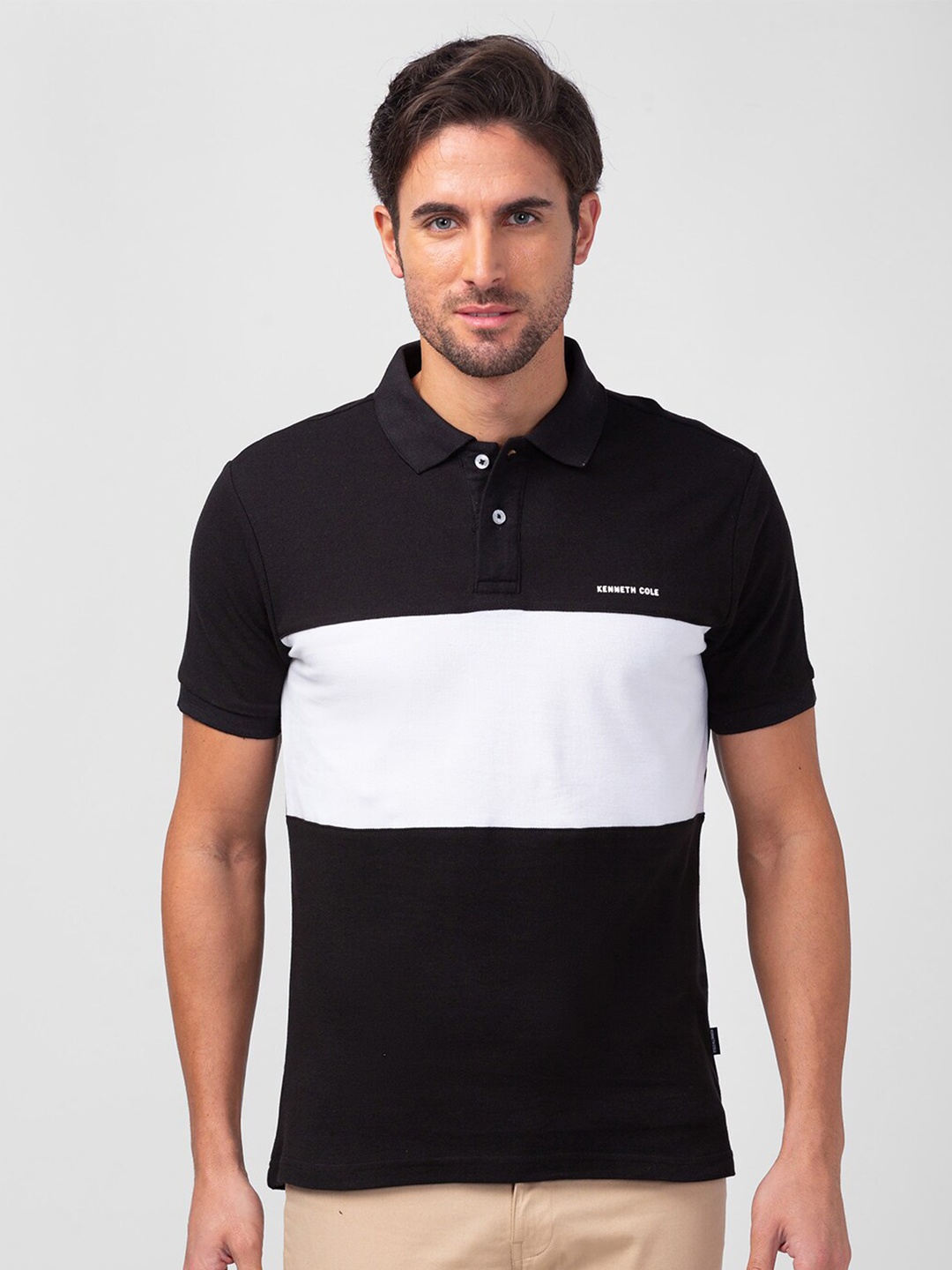 

Kenneth Cole Men Colourblocked Polo Collar Slim Fit Cotton T-shirt, Black