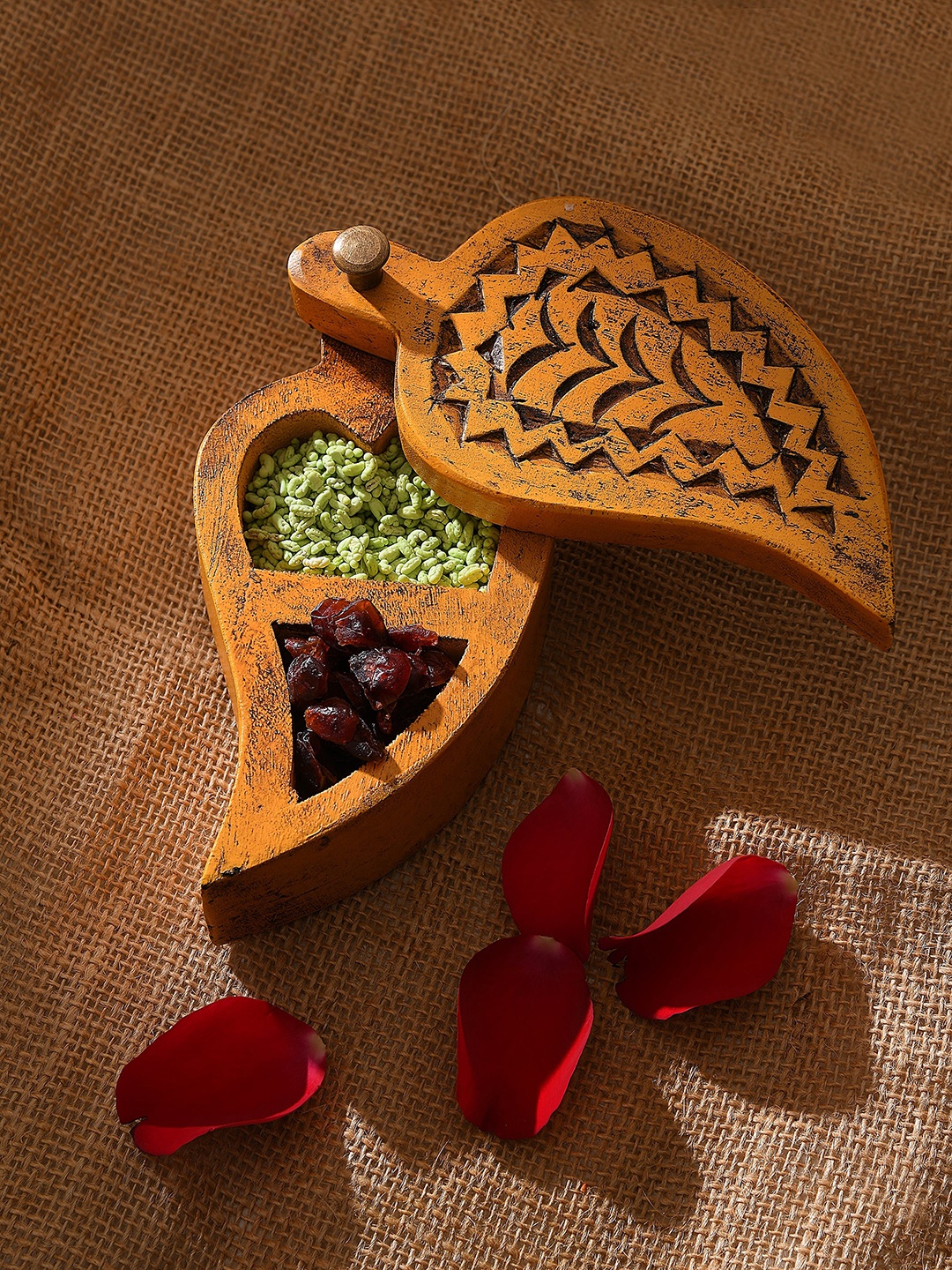 

Amoliconcepts Yellow Carved Leaf shape Wooden Spice Box