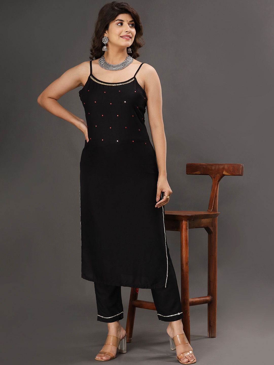 

Shedika Mirror Work Kurta with Palazzos, Black