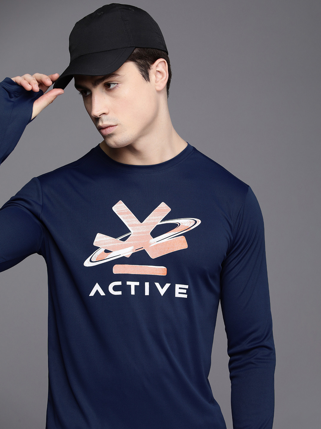 

WROGN ACTIVE Brand Logo Printed Dry-Pro Slim Fit T-shirt, Navy blue