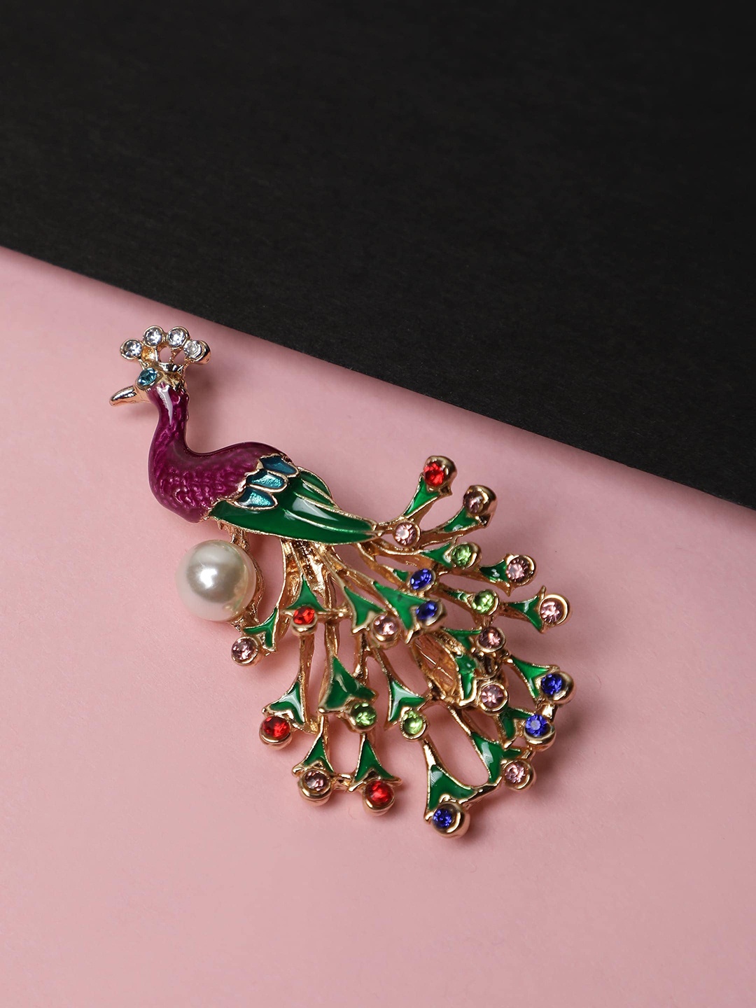 

Alvaro Castagnino Men Stone Studded Peacock Shape Brooch, Gold