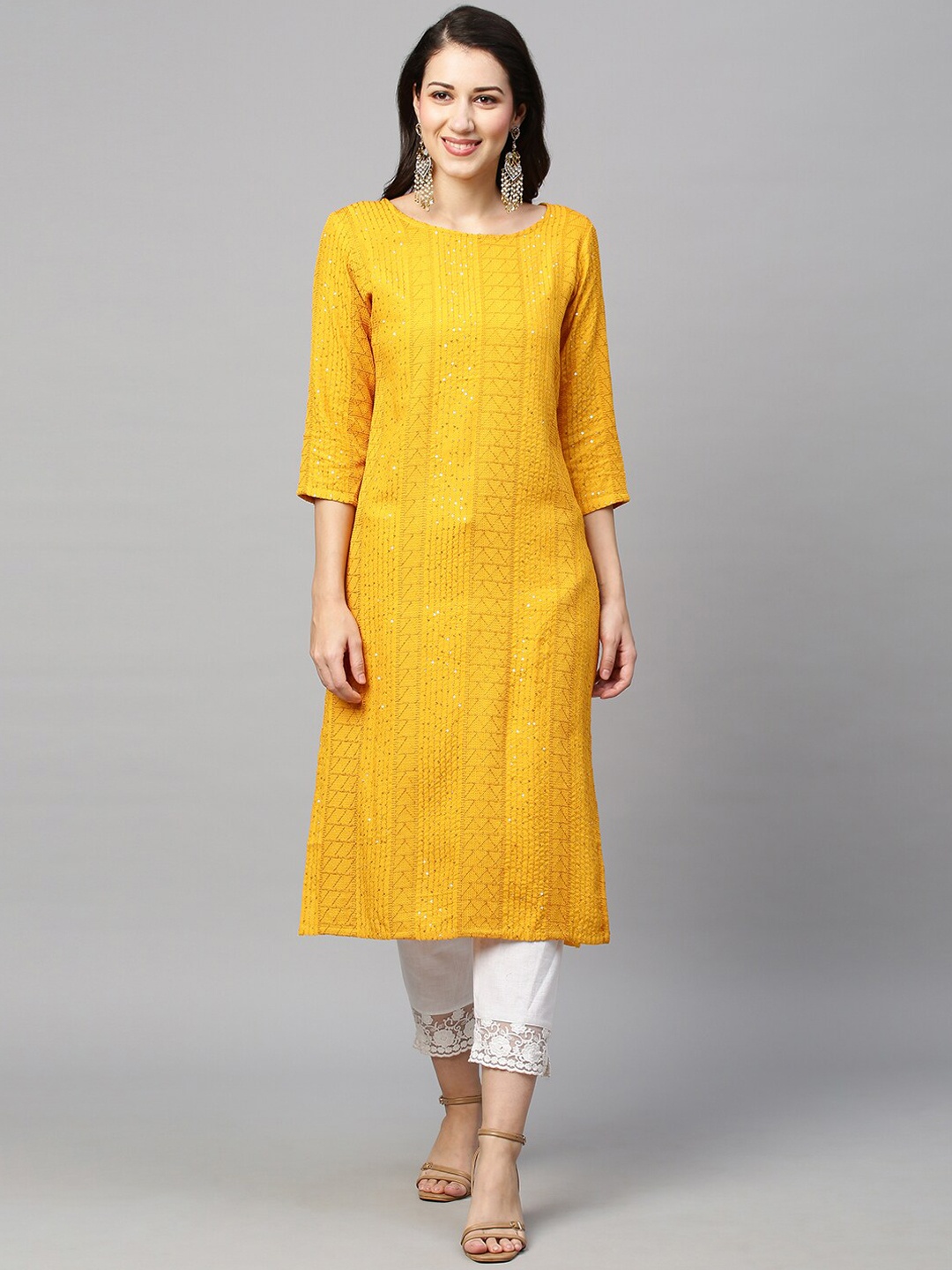 

INDYES Embroidered Thread Work Boat Neck Cotton Kurta, Mustard