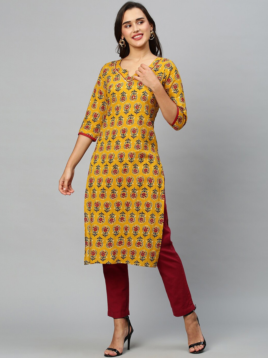 

INDYES Floral Printed Mirror Work Straight Regular Kurta, Mustard