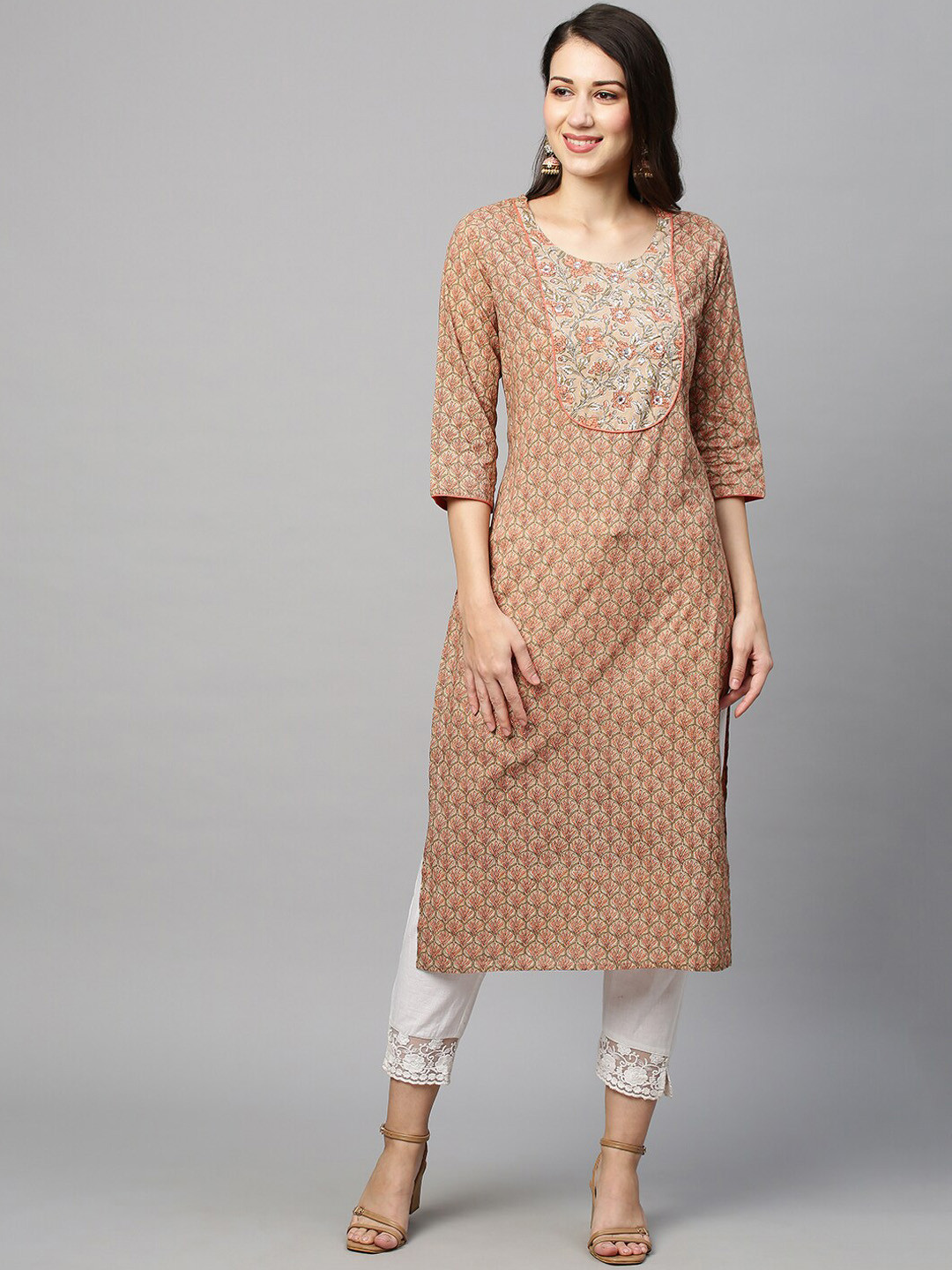 

INDYES Floral Printed Round Neck Cotton Kurta, Beige