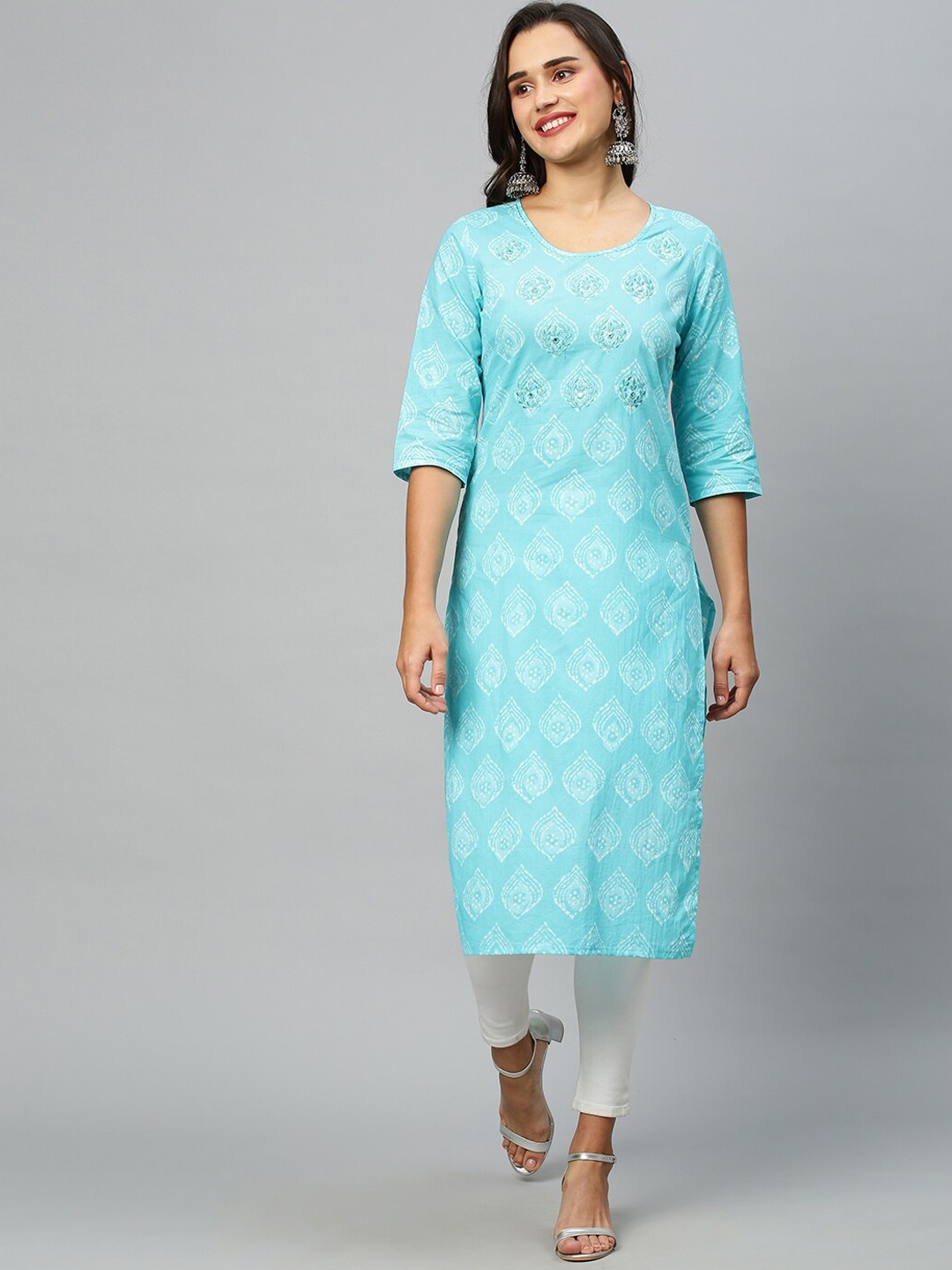 

INDYES Women Ethnic Motifs Printed Thread Work Cotton Kurta, Turquoise blue