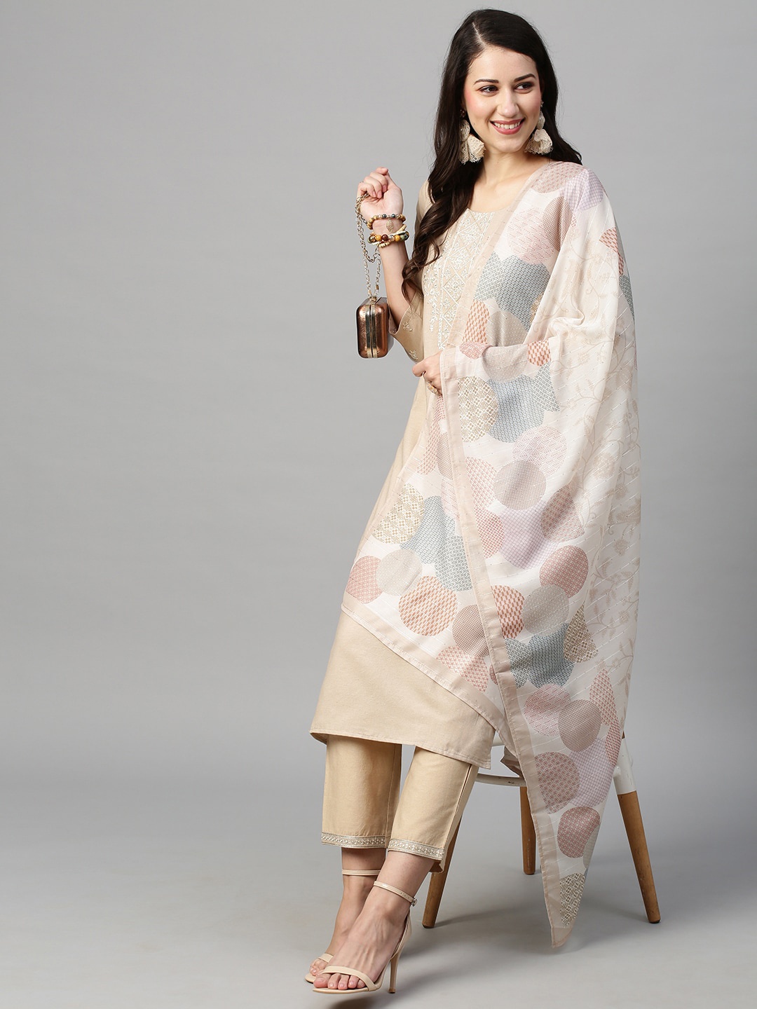 

INDYES Embroidered Thread Work Pure Cotton Kurta with Trousers & Dupatta, Beige