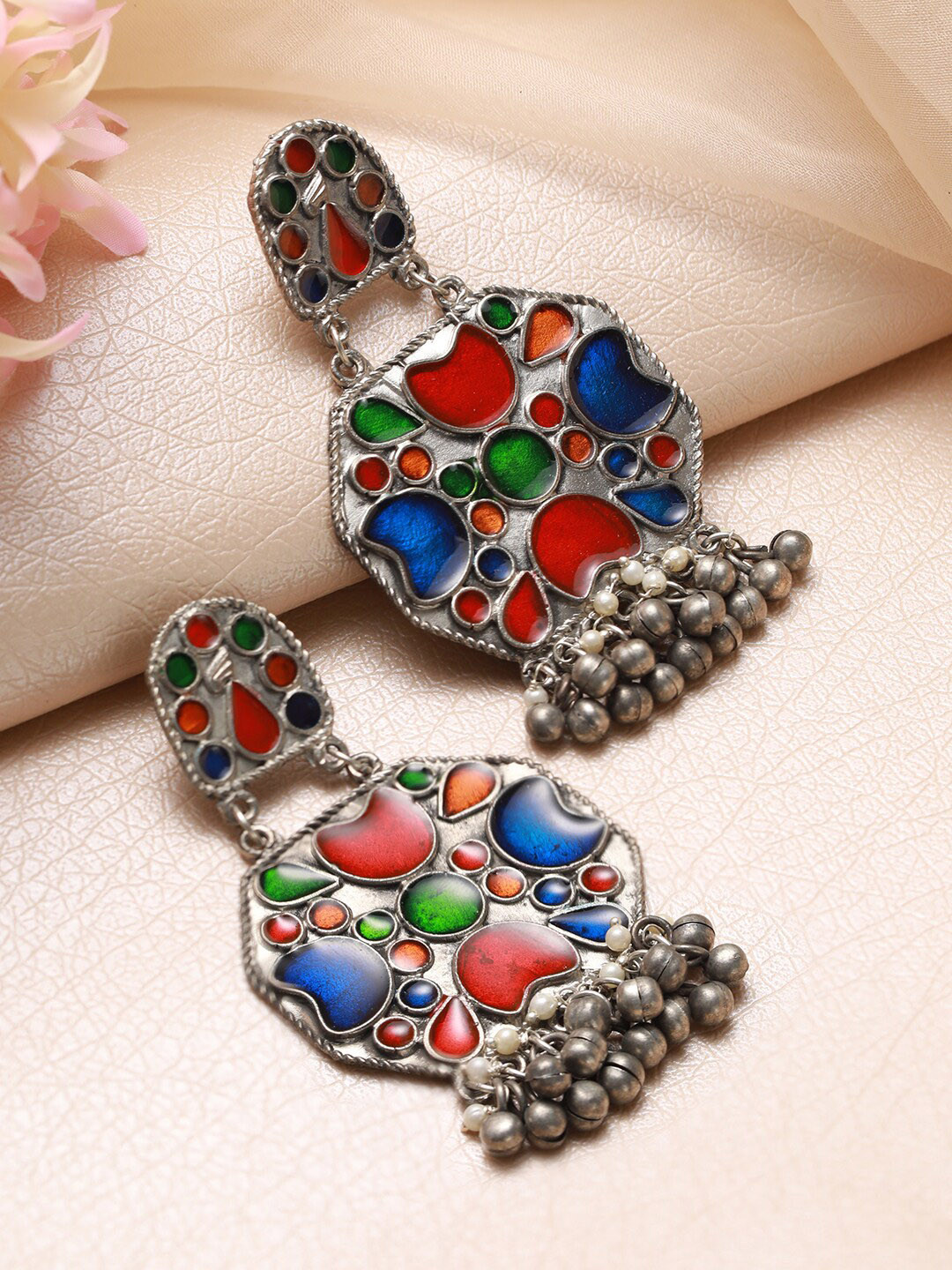 

Jazz and Sizzle Silver-Plated Contemporary Jhumkas Earrings, Red