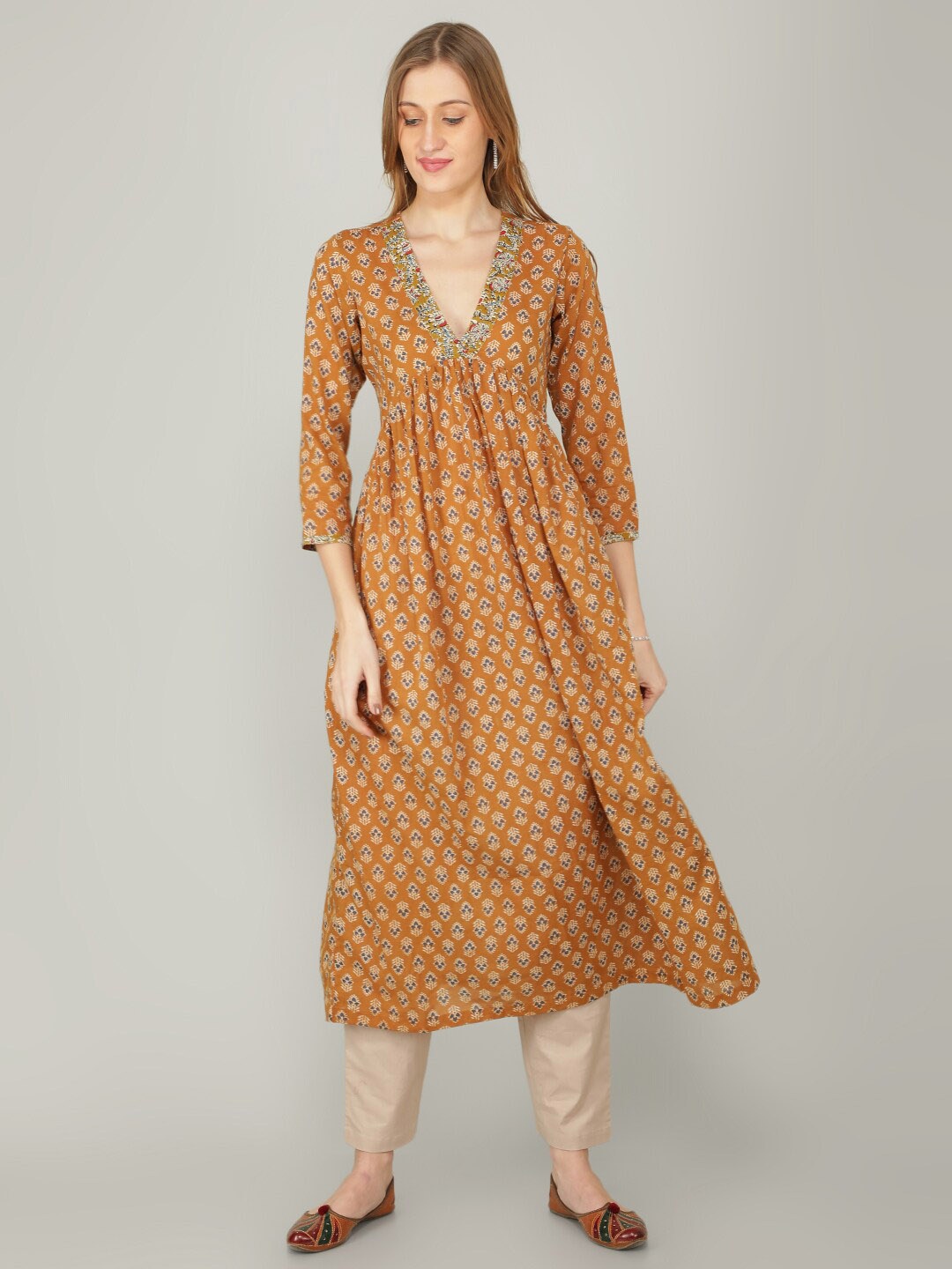 

NAVIYATA Floral A-Line Cotton Midi Dress, Mustard