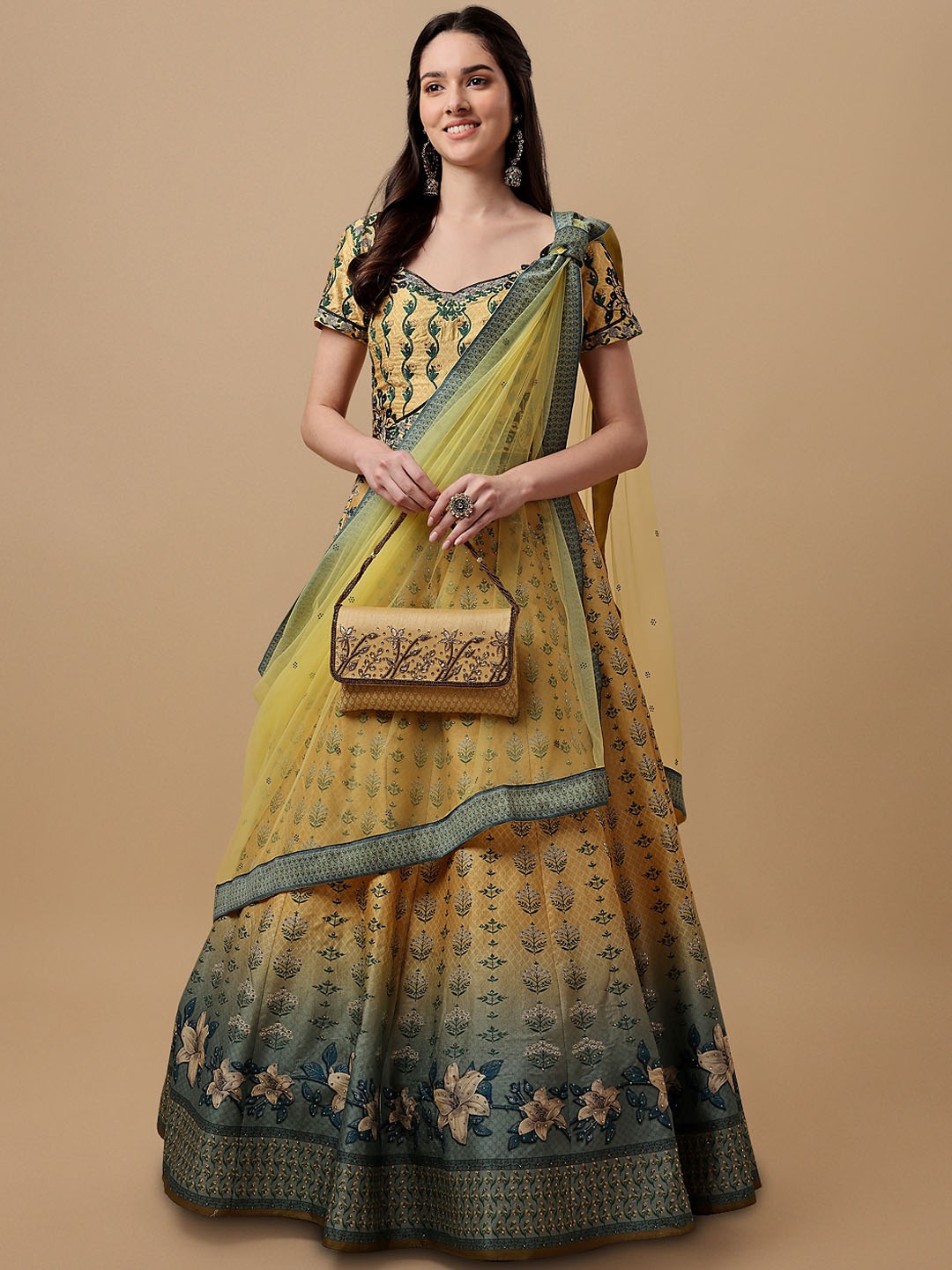 

SAPTRANGI Women Embroidered Silk Gown Flared Ethnic Dress With Dupatta, Yellow