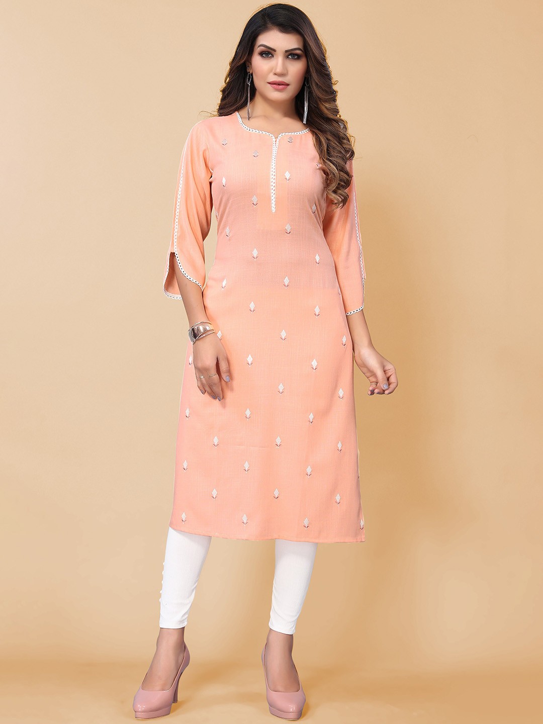 

KALINI Round Neck Floral Embroidered Kurta, Peach