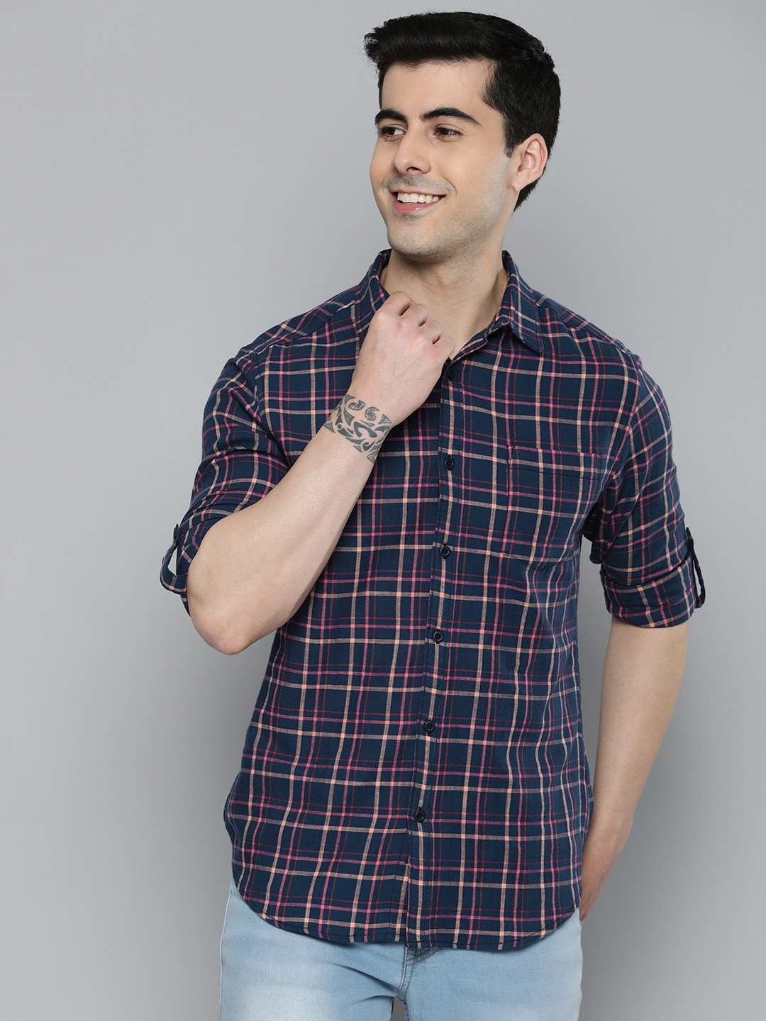 

HERE&NOW Men Slim Fit Tartan Checked Cotton Casual Shirt, Navy blue