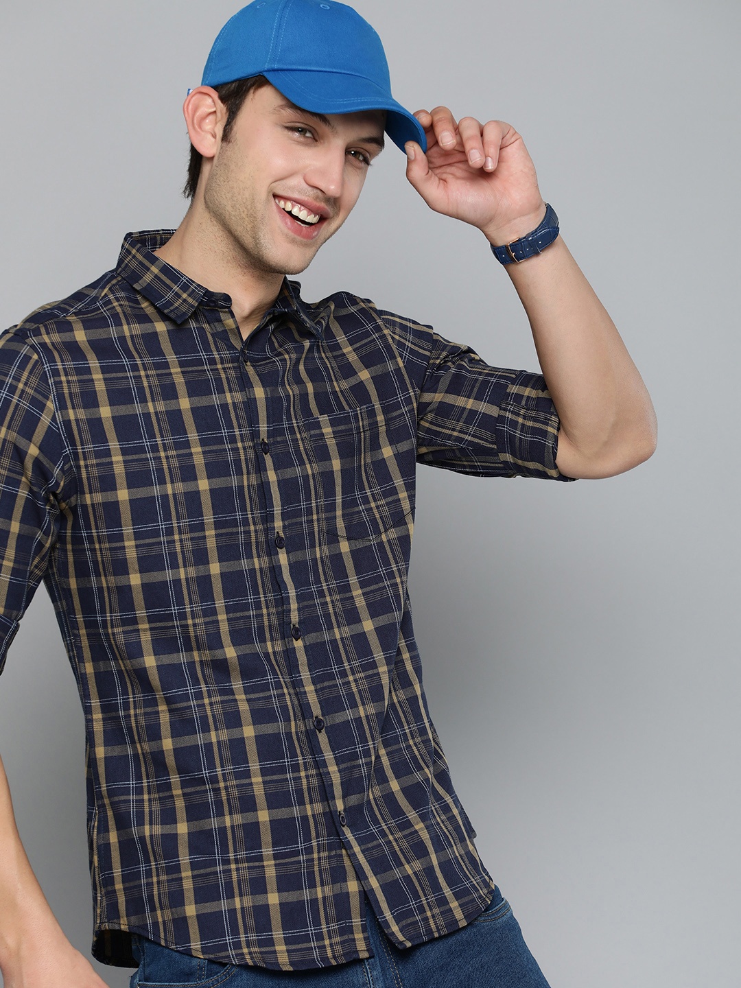 

HERE&NOW Men Slim Fit Tartan Checked Cotton Casual Shirt, Navy blue
