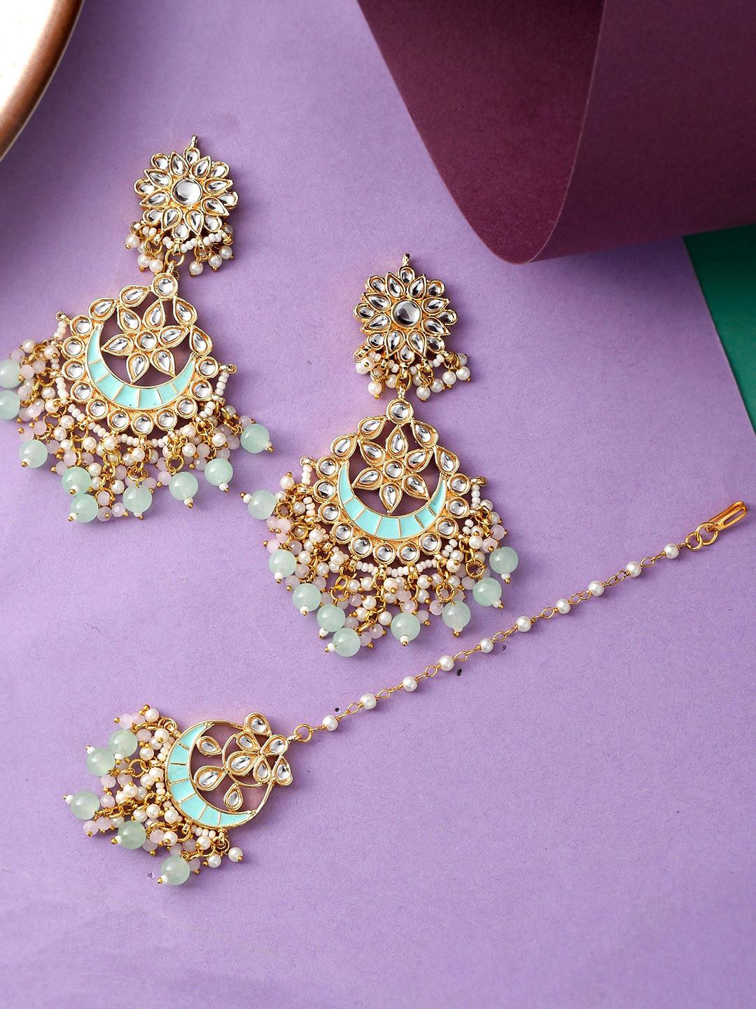 

DASTOOR Gold-Plated Circular Mangtikka Drop Earrings, Turquoise blue