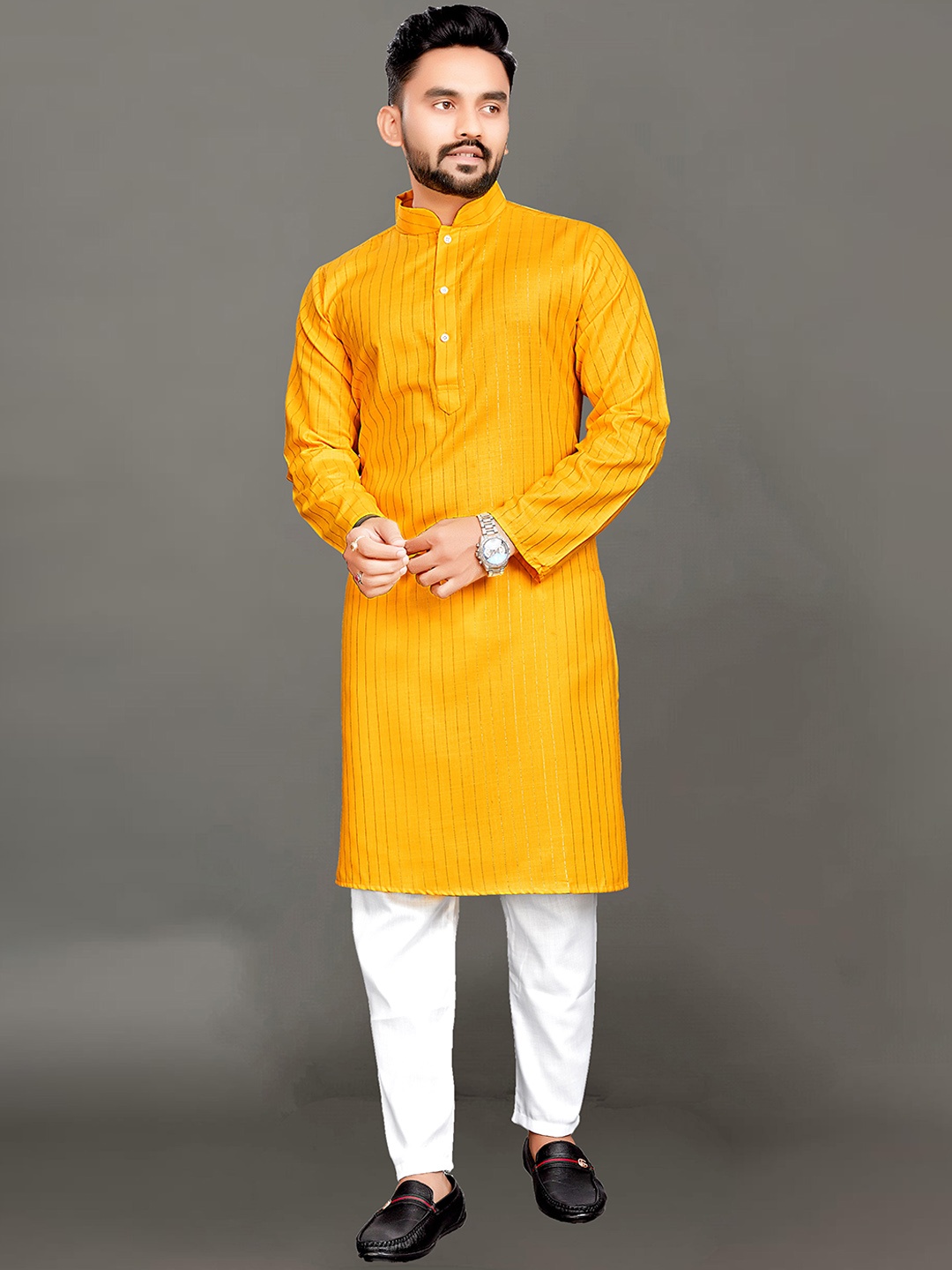 

Ekta Textiles Men Printed Pure Cotton Kurta with Pyjamas, Yellow