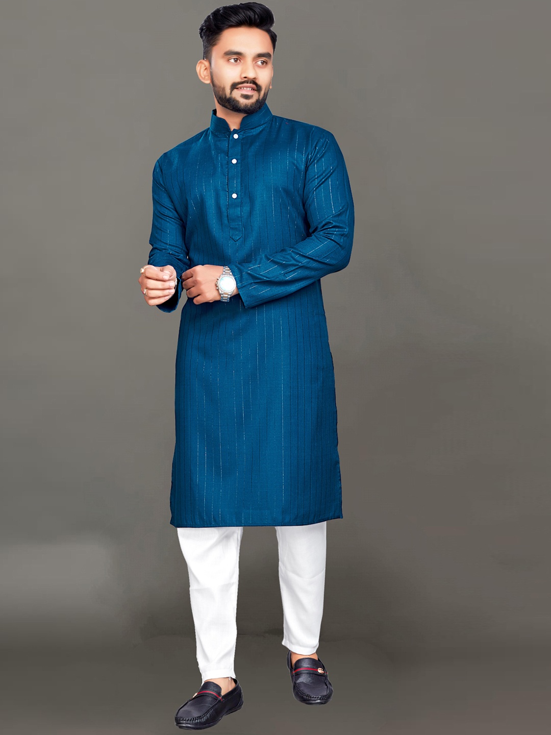 

Ekta Textiles Men Striped Mandarin Collar Pure Cotton Kurta with Pyjamas, Blue