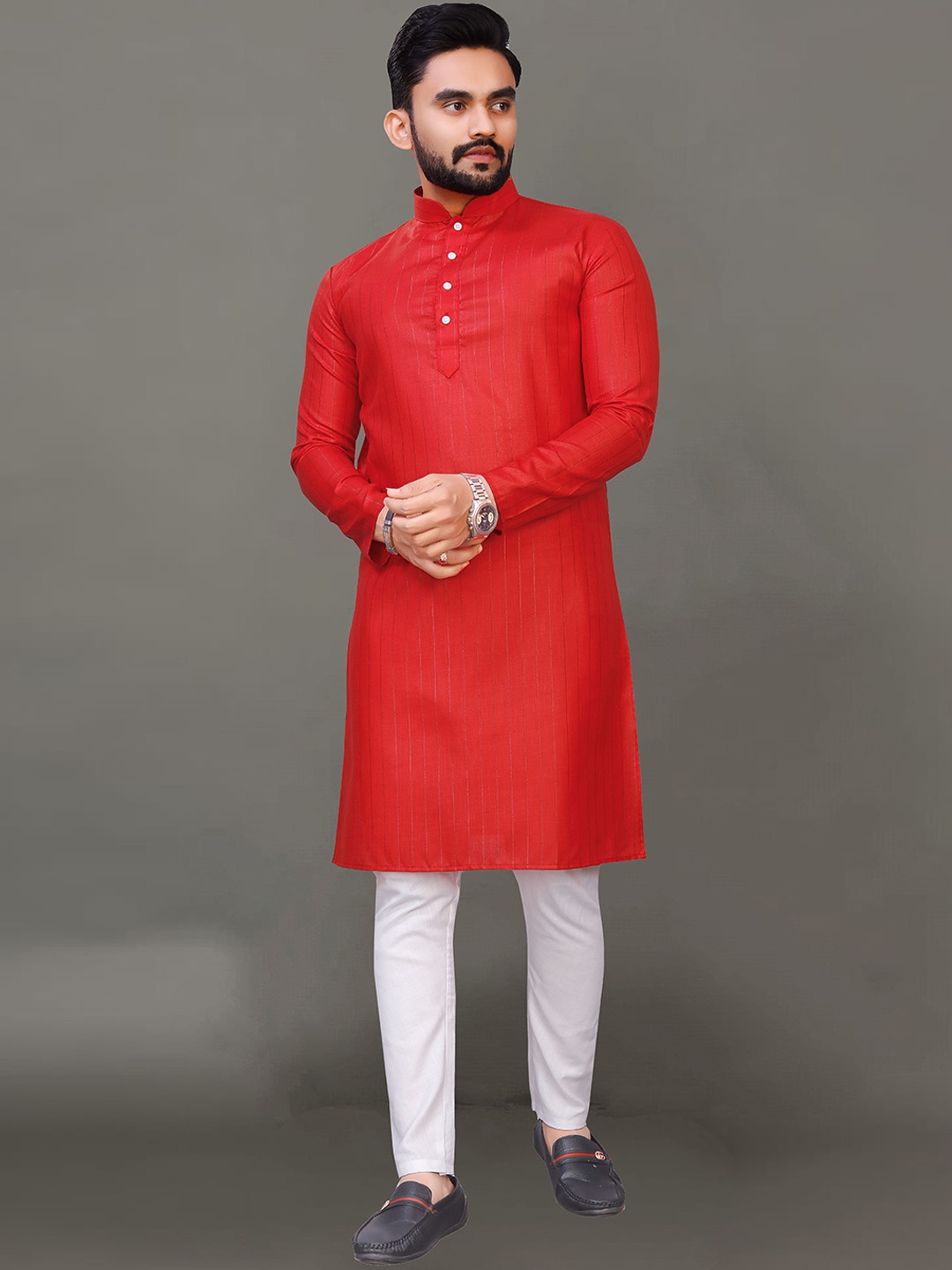 

Ekta Textiles Men Striped Pure Cotton Kurta with Pyjamas, Red