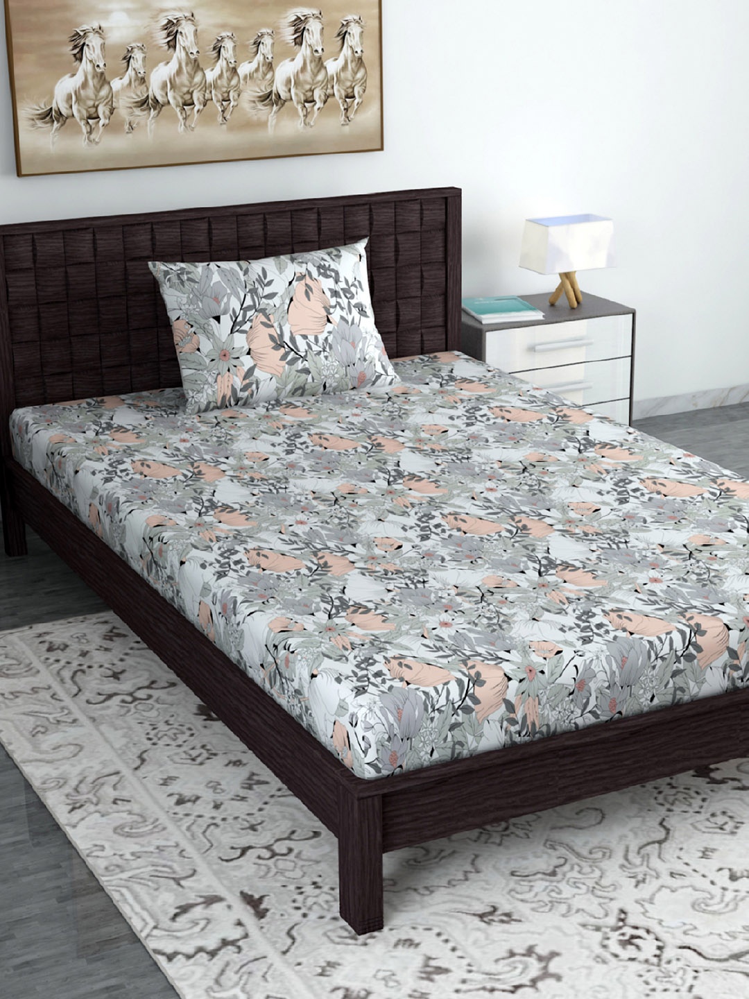 

Divine Casa Garden Bliss White Peach 144 TC Single Bedsheet With 1 Pillow Covers
