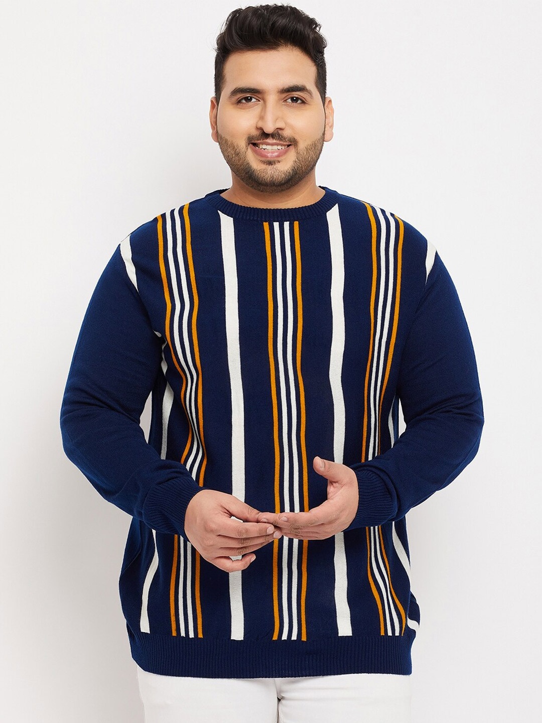 

bigbanana Men Plus Size Striped Acrylic Pullover, Navy blue