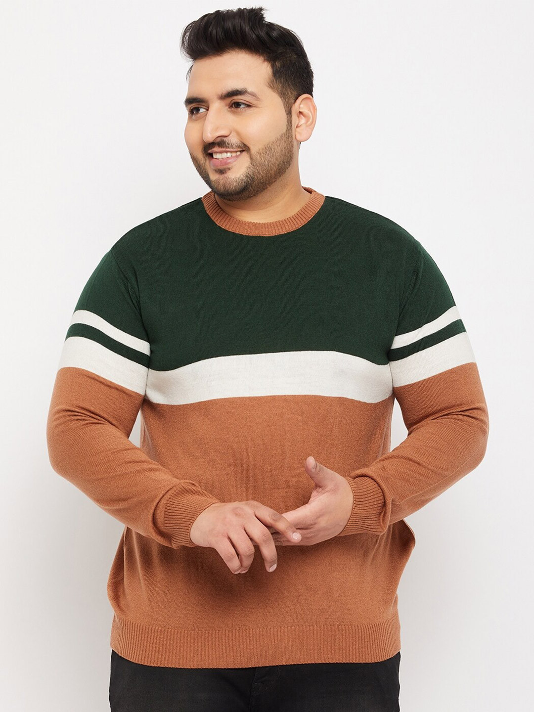 

bigbanana Men Plus Size Colourblocked Acrylic Pullover, Green
