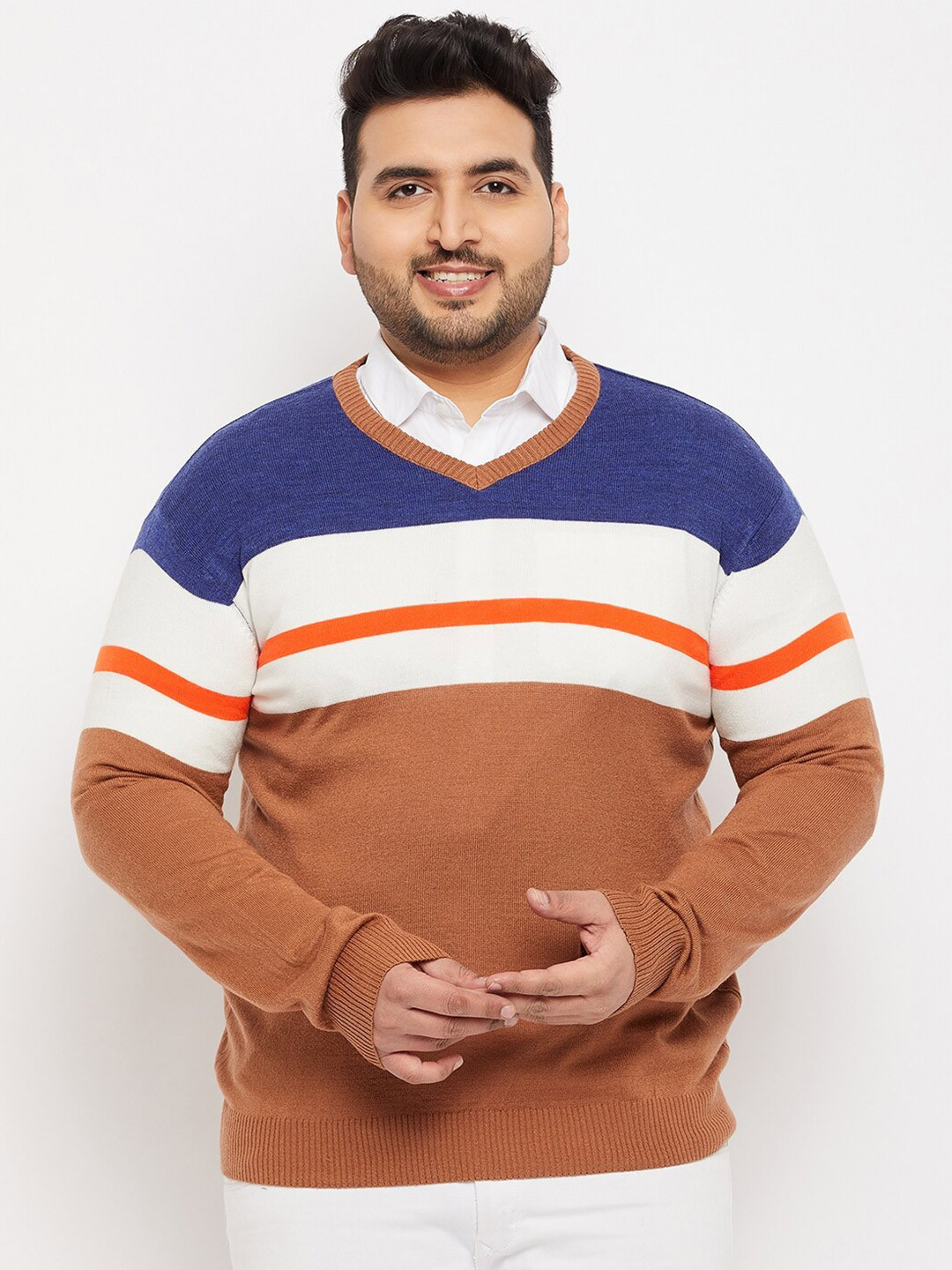 

bigbanana Men Colourblocked V-Neck Acrylic Pullover, Brown