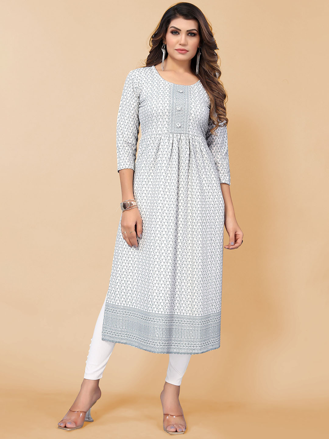 

KALINI Printed Round Neck Kurta, Grey