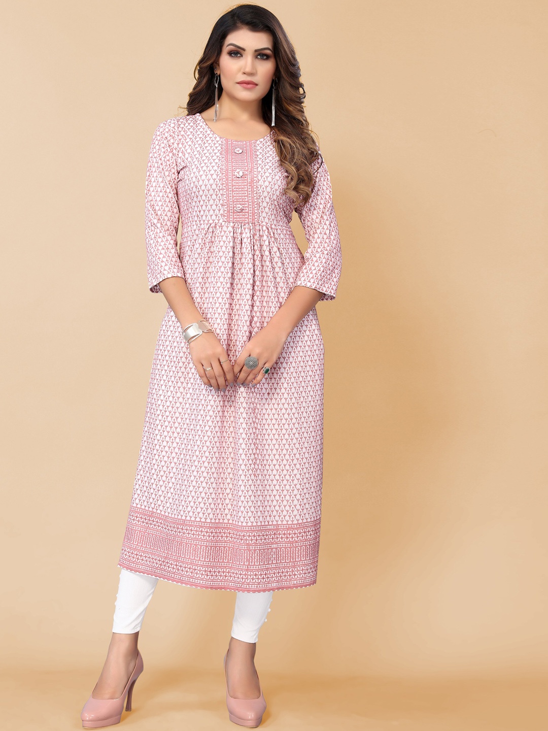 

KALINI Three-Quarter Sleeves Floral Printed Kurta, Pink
