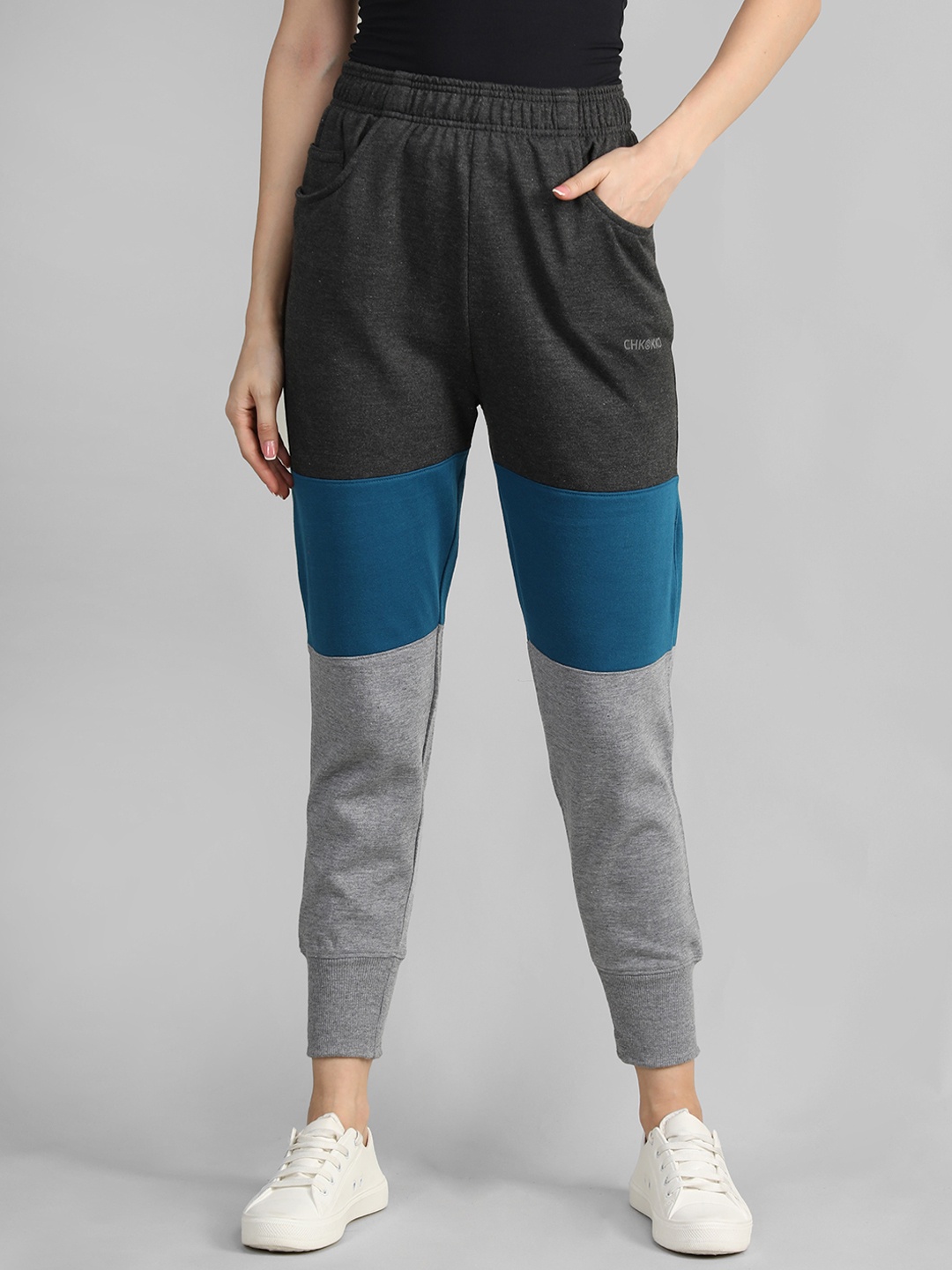 

CHKOKKO Women Colourblocked Fleece Gym Joggers, Charcoal