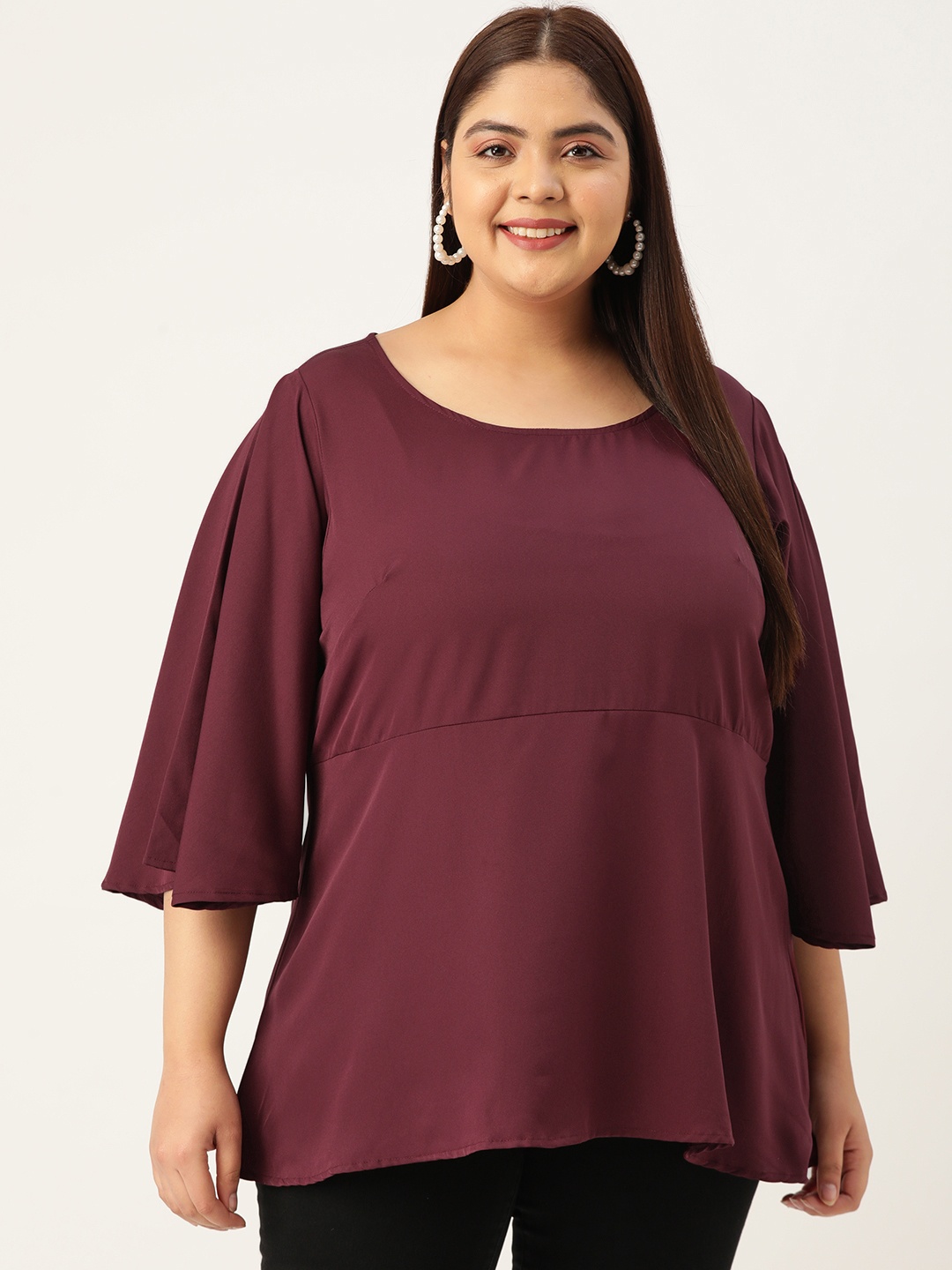 

theRebelinme Plus Size Women Crepe Longline Flared Sleeves Top, Burgundy