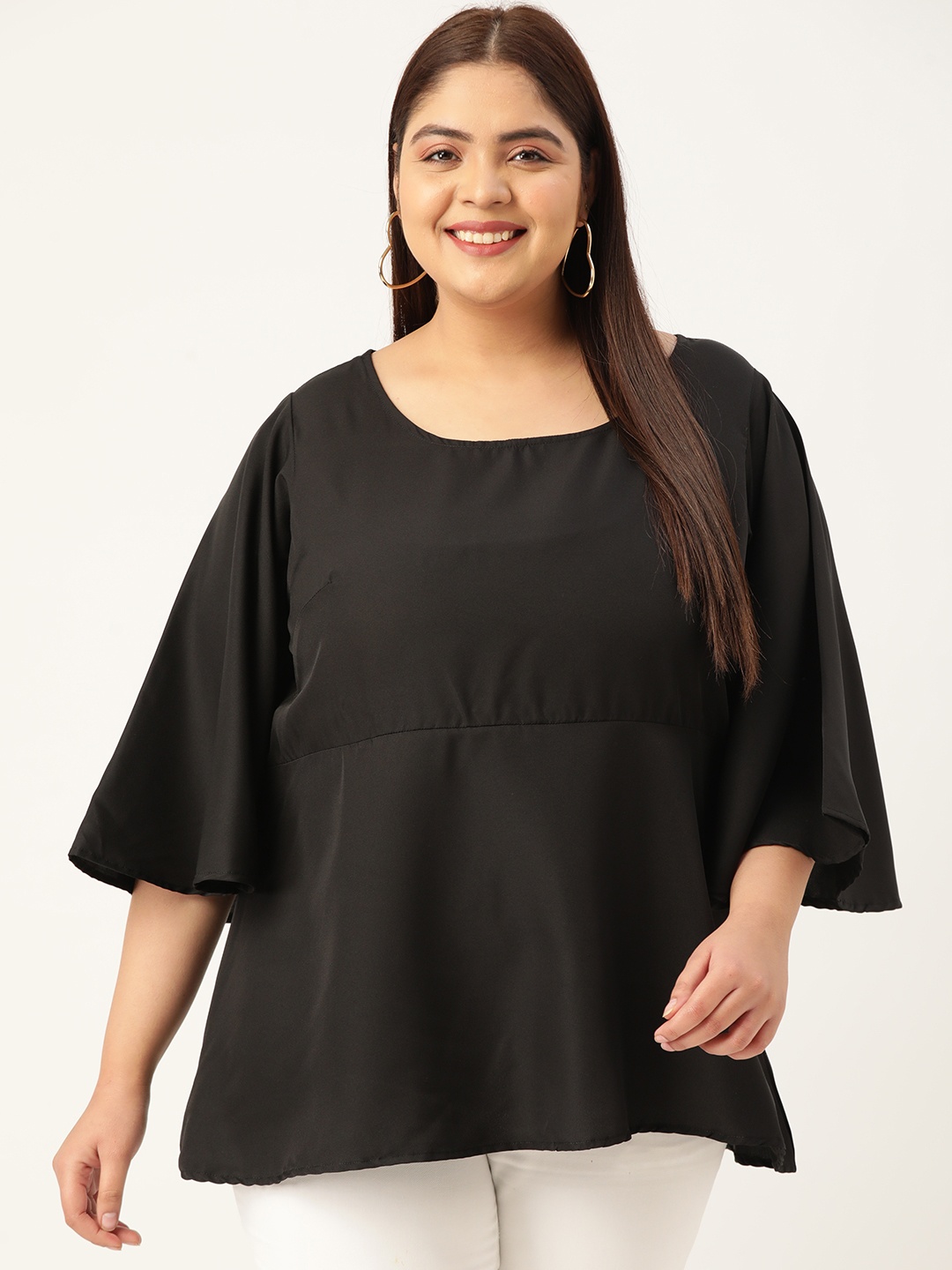 

theRebelinme Plus Size Women Crepe Longline Flared Sleeves Top, Black