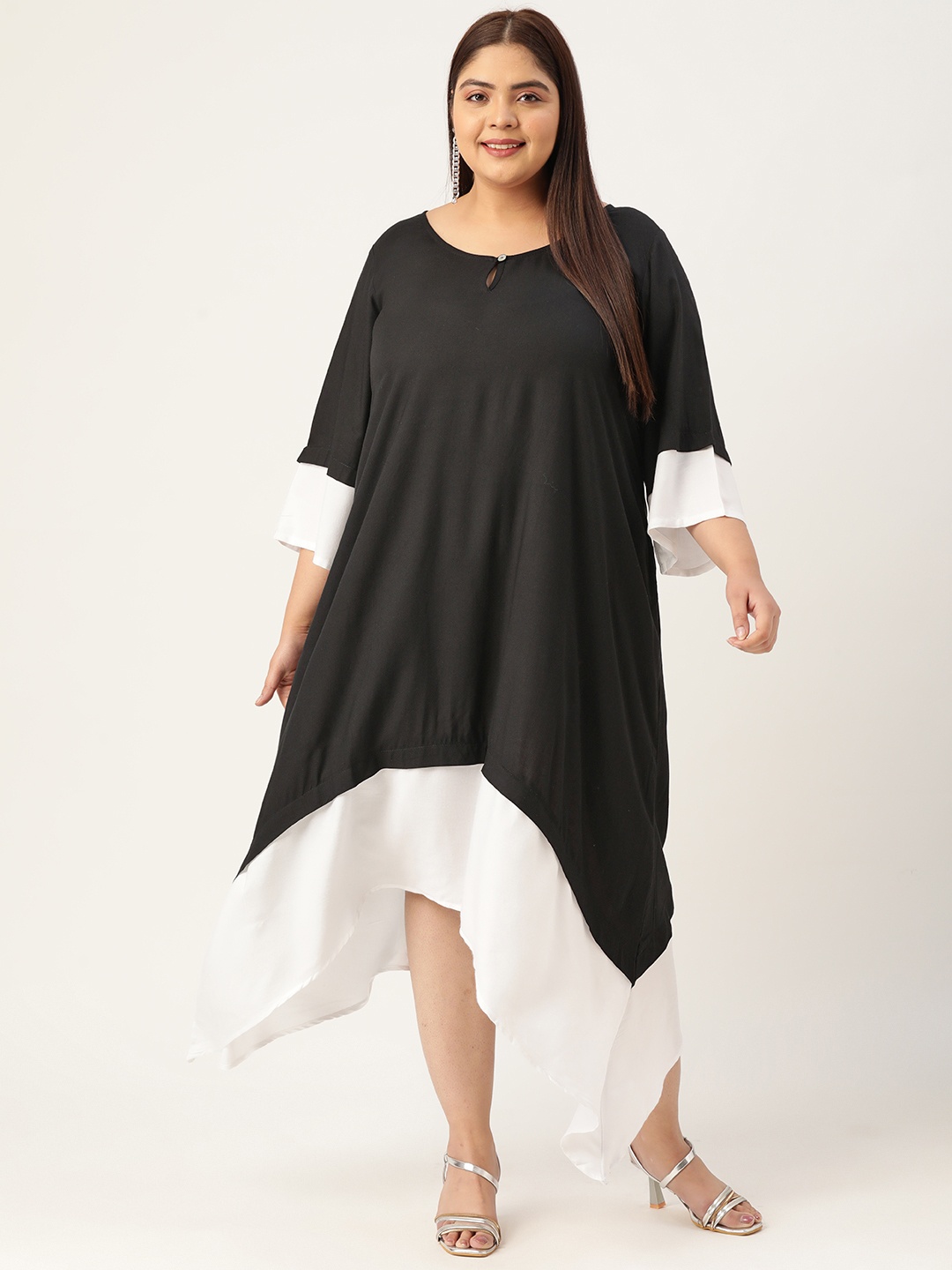 

theRebelinme Plus Size Colourblocked Keyhole Neck Layered A-Line Midi Dress, Black