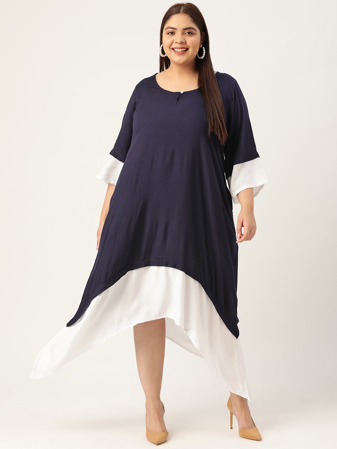 

theRebelinme Plus Size Colourblocked Keyhole Neck Layered A-Line Midi Dress, Navy blue
