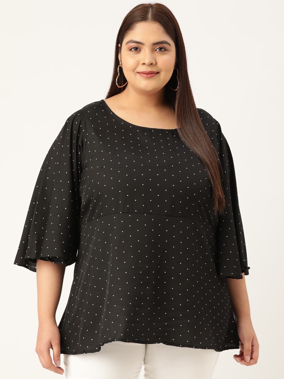 

theRebelinme Plus Size Women Polka Dots Printed Crepe Longline Flared Sleeves Top, Black