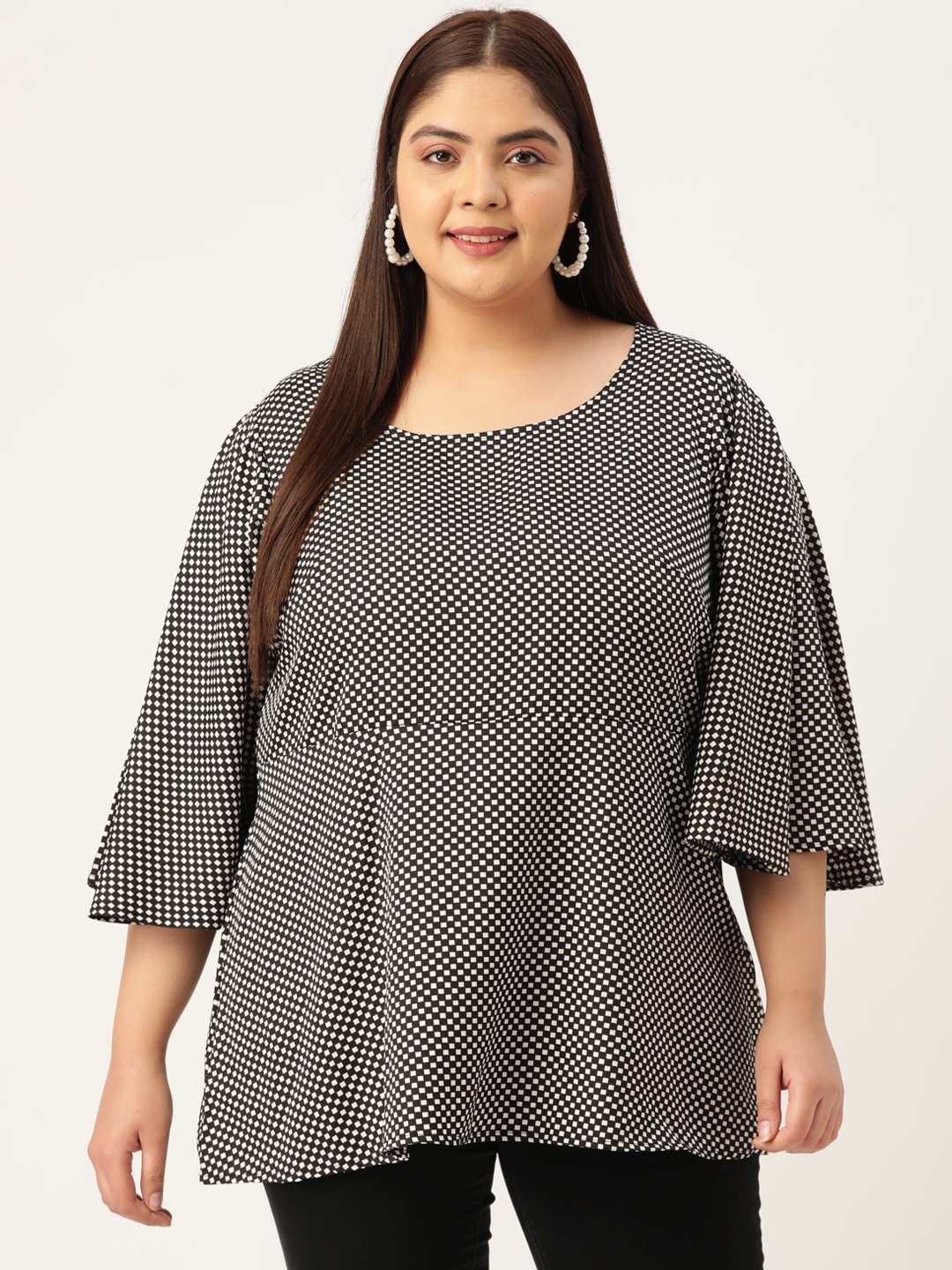

theRebelinme Plus Size Women Checked Crepe Longline Flared Sleeves Top, Black