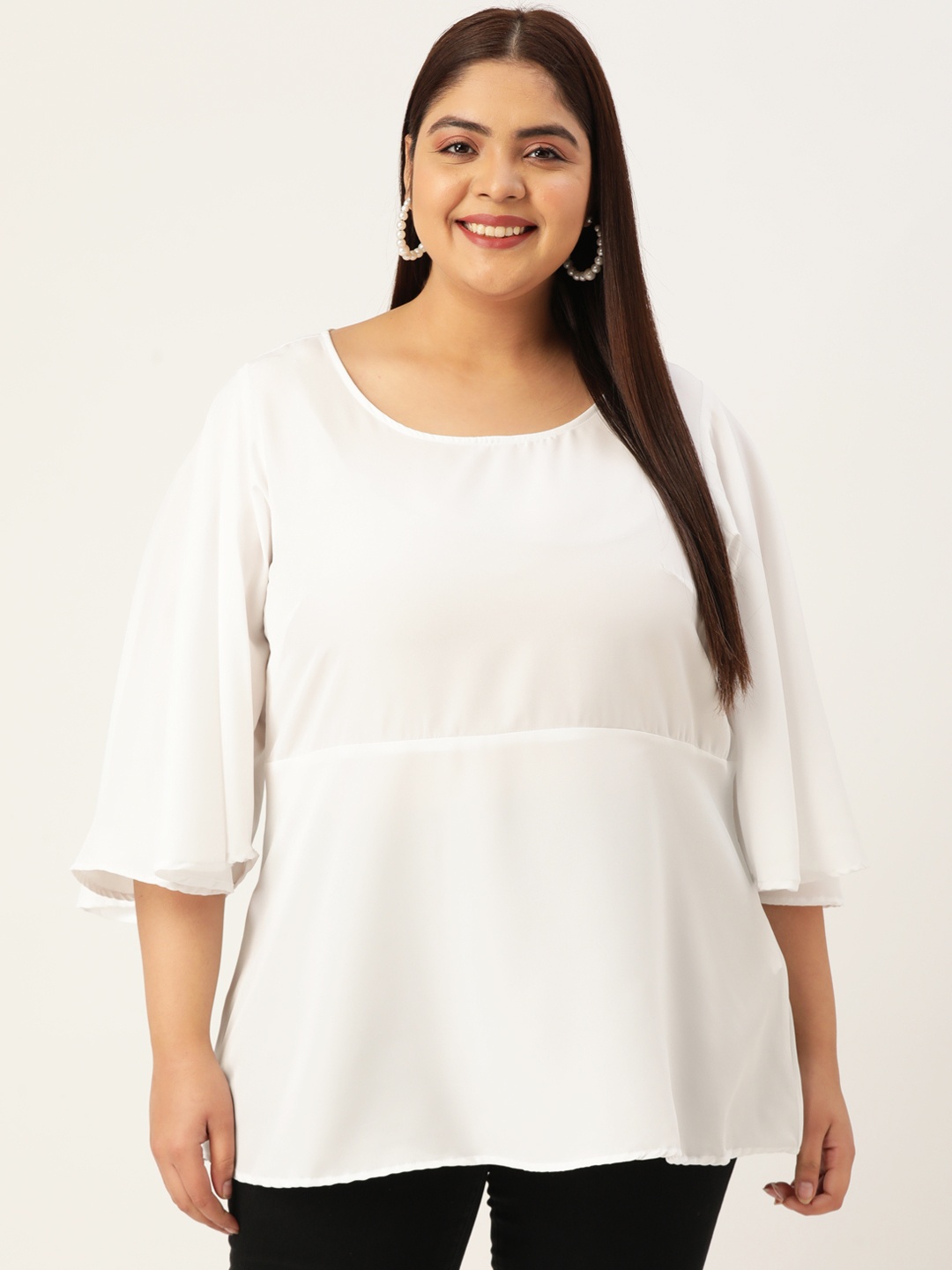 

theRebelinme Plus Size Women Crepe Longline Flared Sleeves Top, White