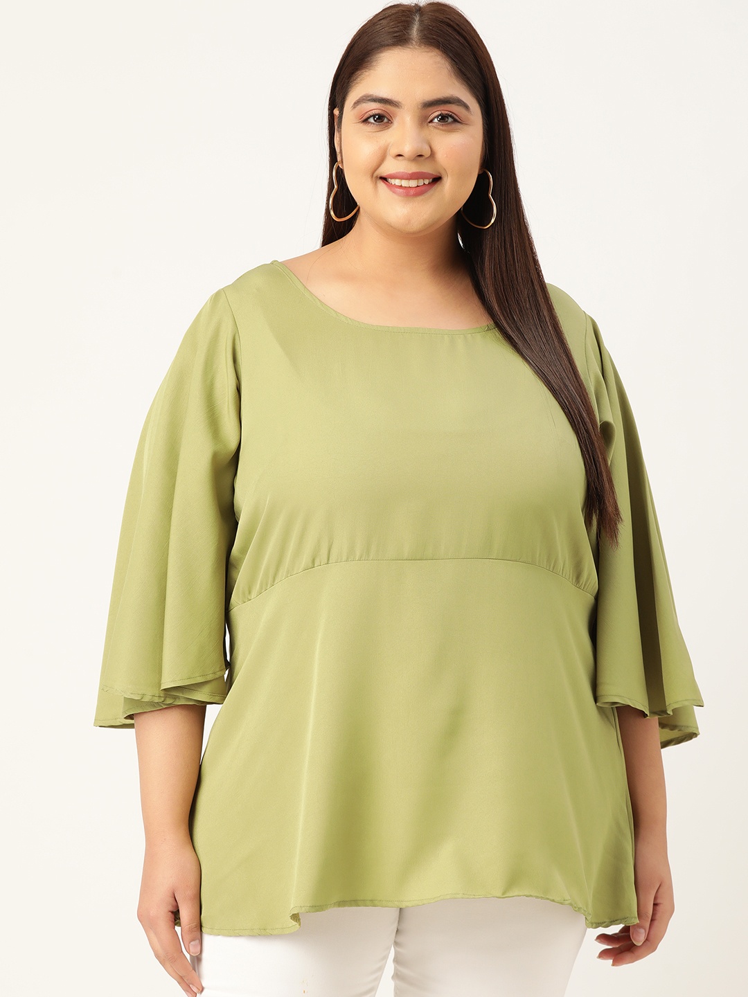 

theRebelinme Plus Size Women Crepe Longline Flared Sleeves Top, Olive