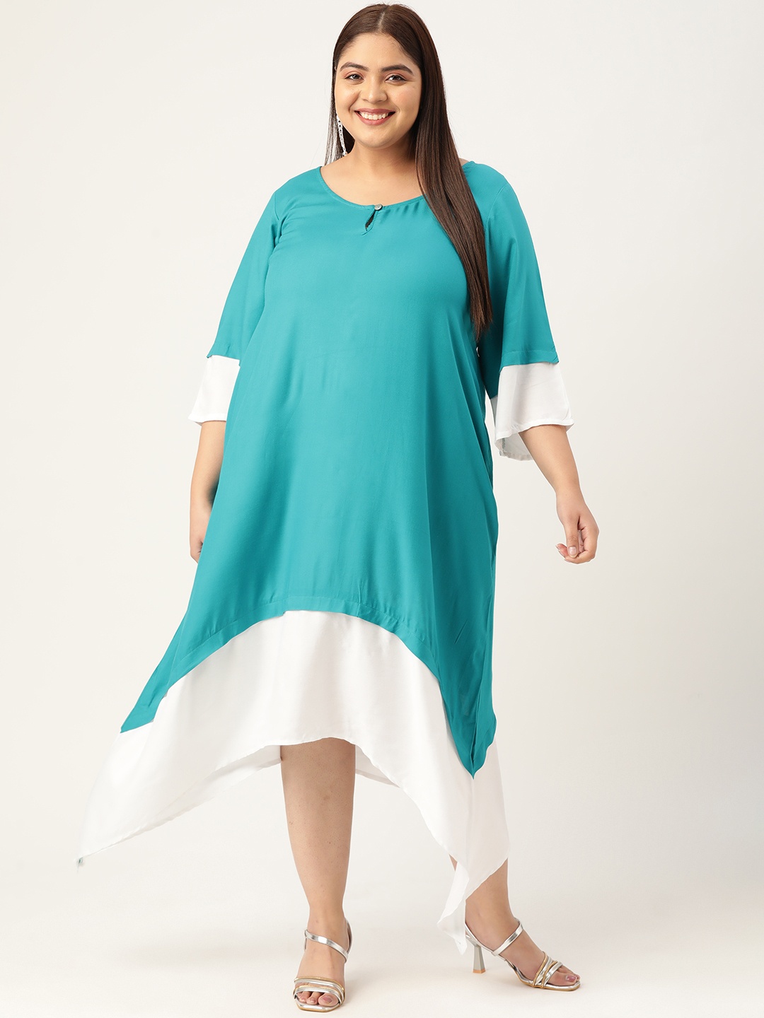 

theRebelinme Colourblocked Keyhole Neck A-Line Midi Dress, Blue
