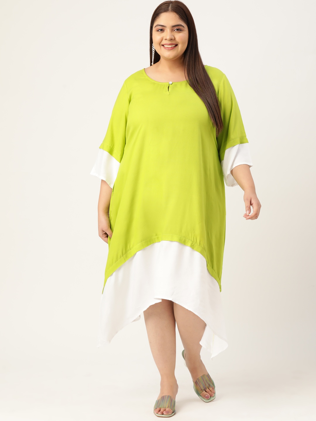 

theRebelinme Plus Size Women Colourblocked Keyhole Neck A-Line Midi Dress, Green