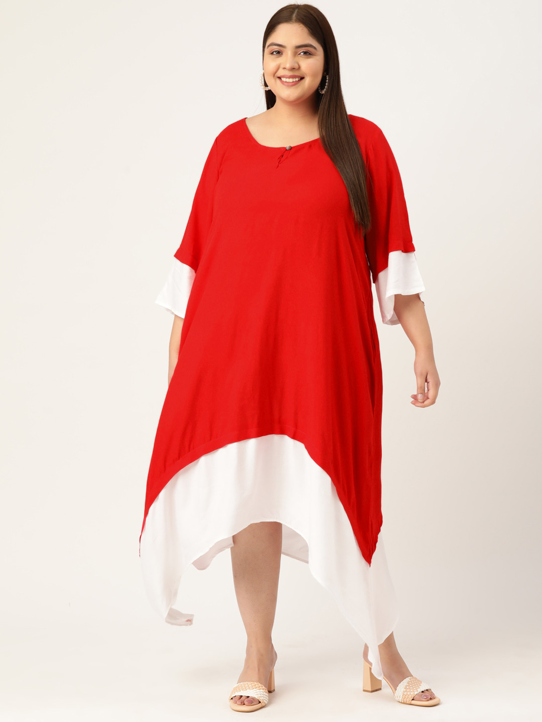 

theRebelinme Plus Size Women Colourblocked Keyhole Neck A-Line Midi Dress, Red