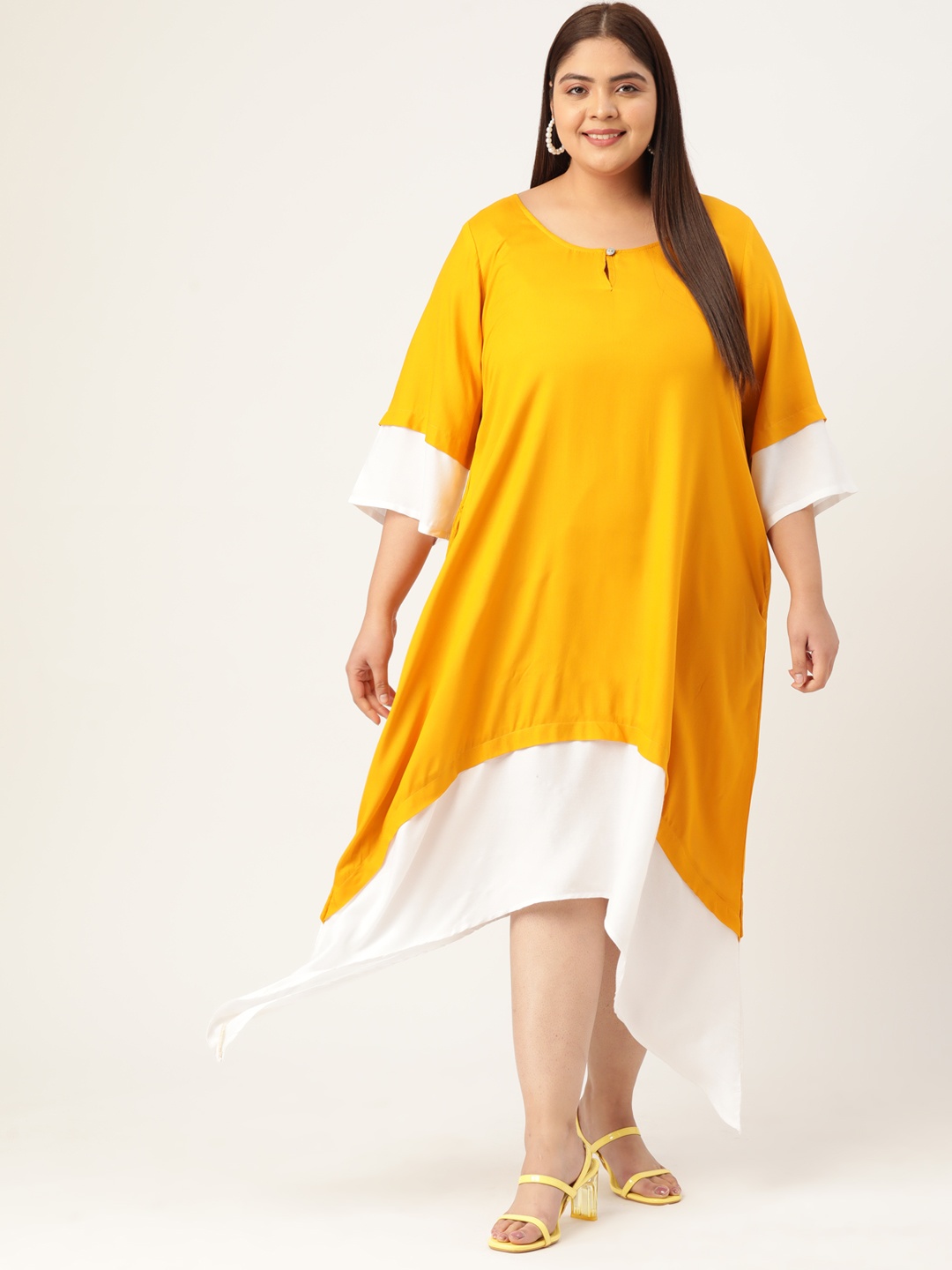 

theRebelinme Plus Size Women Colourblocked Keyhole Neck A-Line Midi Dress, Mustard