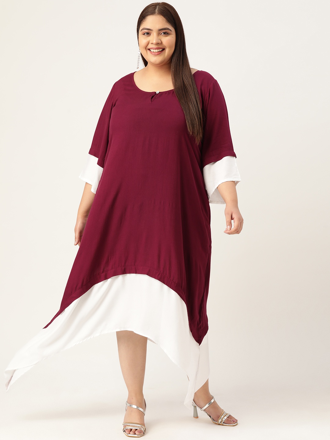 

theRebelinme Plus Size Women Colourblocked Keyhole Neck A-Line Midi Dress, Burgundy