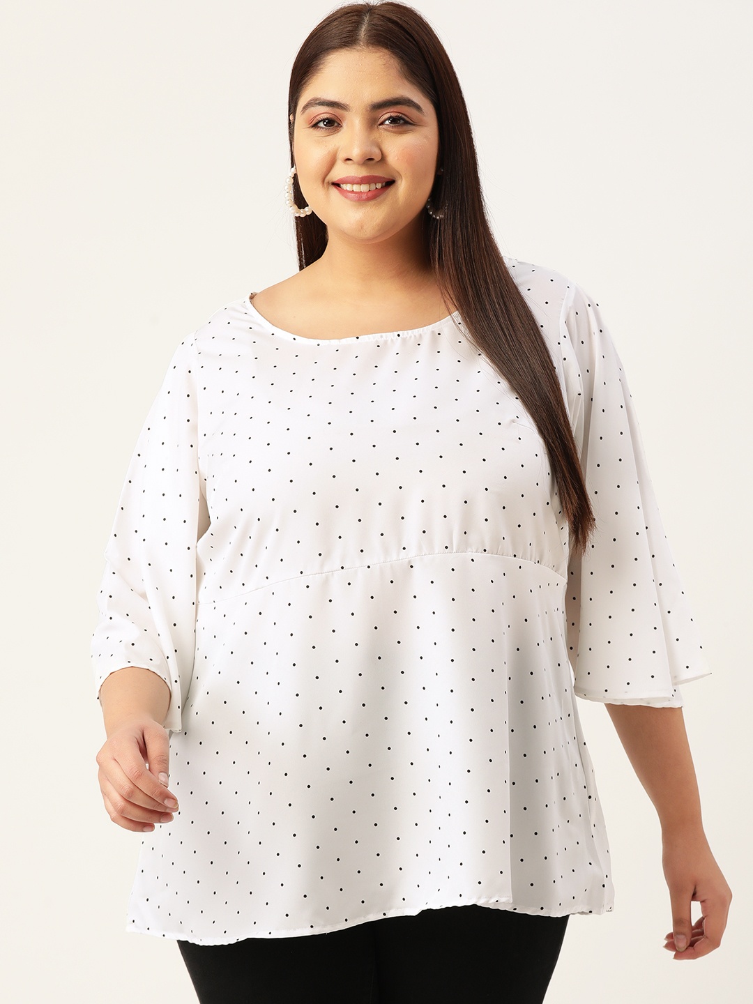 

theRebelinme Plus Size Women Polka Dots Printed Crepe Longline Flared Sleeves Top, White