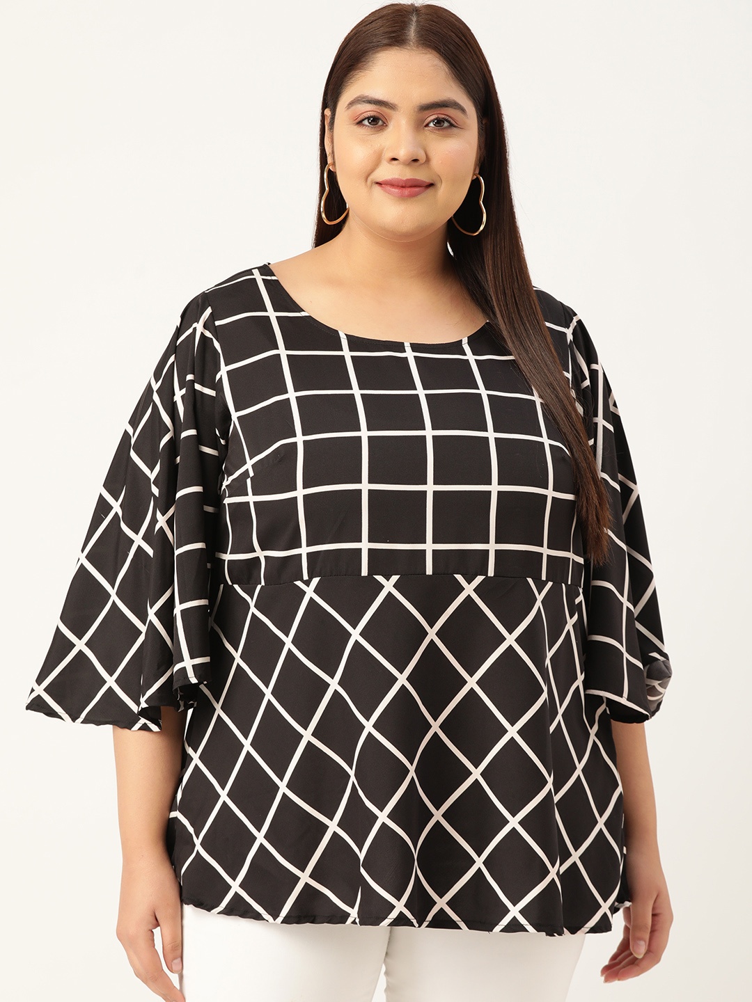 

theRebelinme Plus Size Women Checked Crepe Longline Flared Sleeves Top, Black