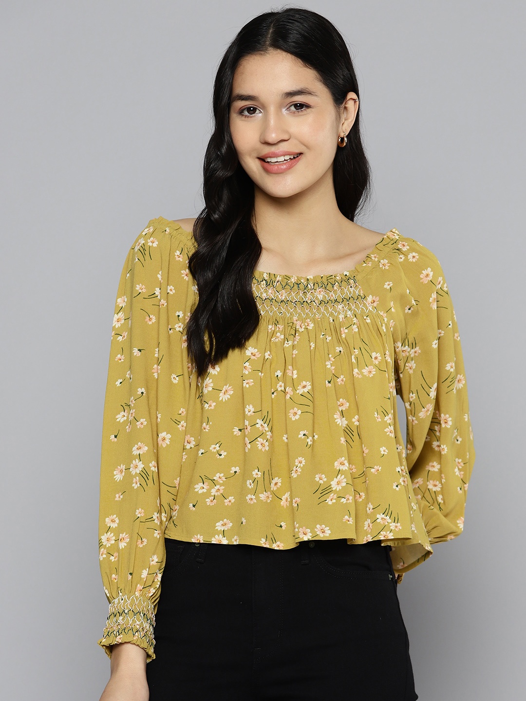 

HERE&NOW Floral Print Bishop Sleeves Blouson Crop Top, Yellow