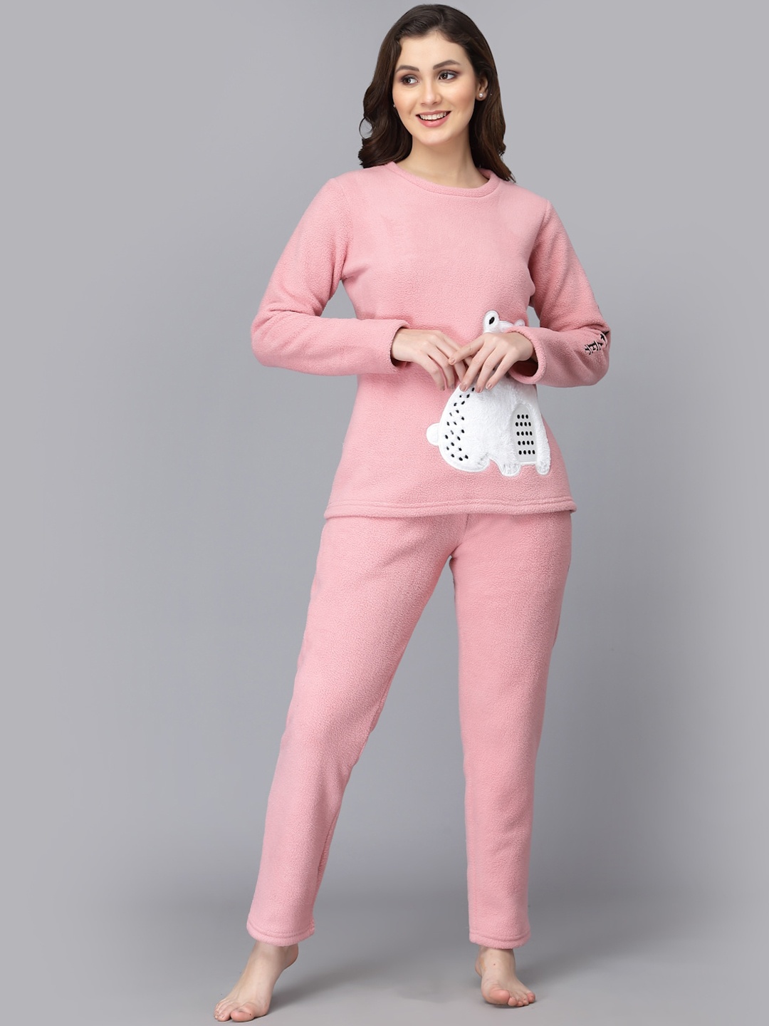 

Sweet Dreams Women Super Soft Polar Fleece Applique Winter Night Suit, Coral