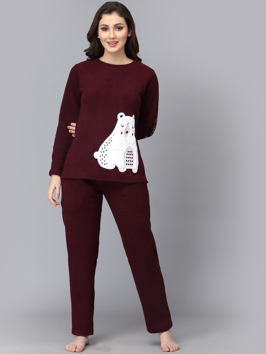 

Sweet Dreams Women Super Soft Polar Fleece Applique Winter Night suit, Maroon