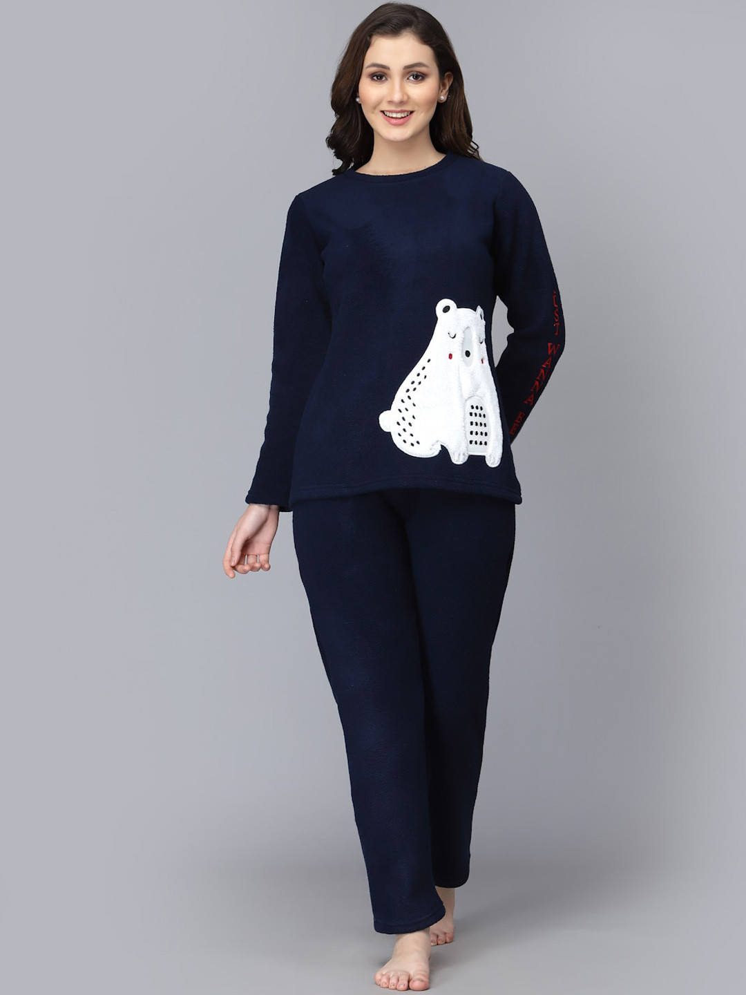 

Sweet Dreams Women Super Soft Polar Fleece Applique Winter Night suit, Navy blue
