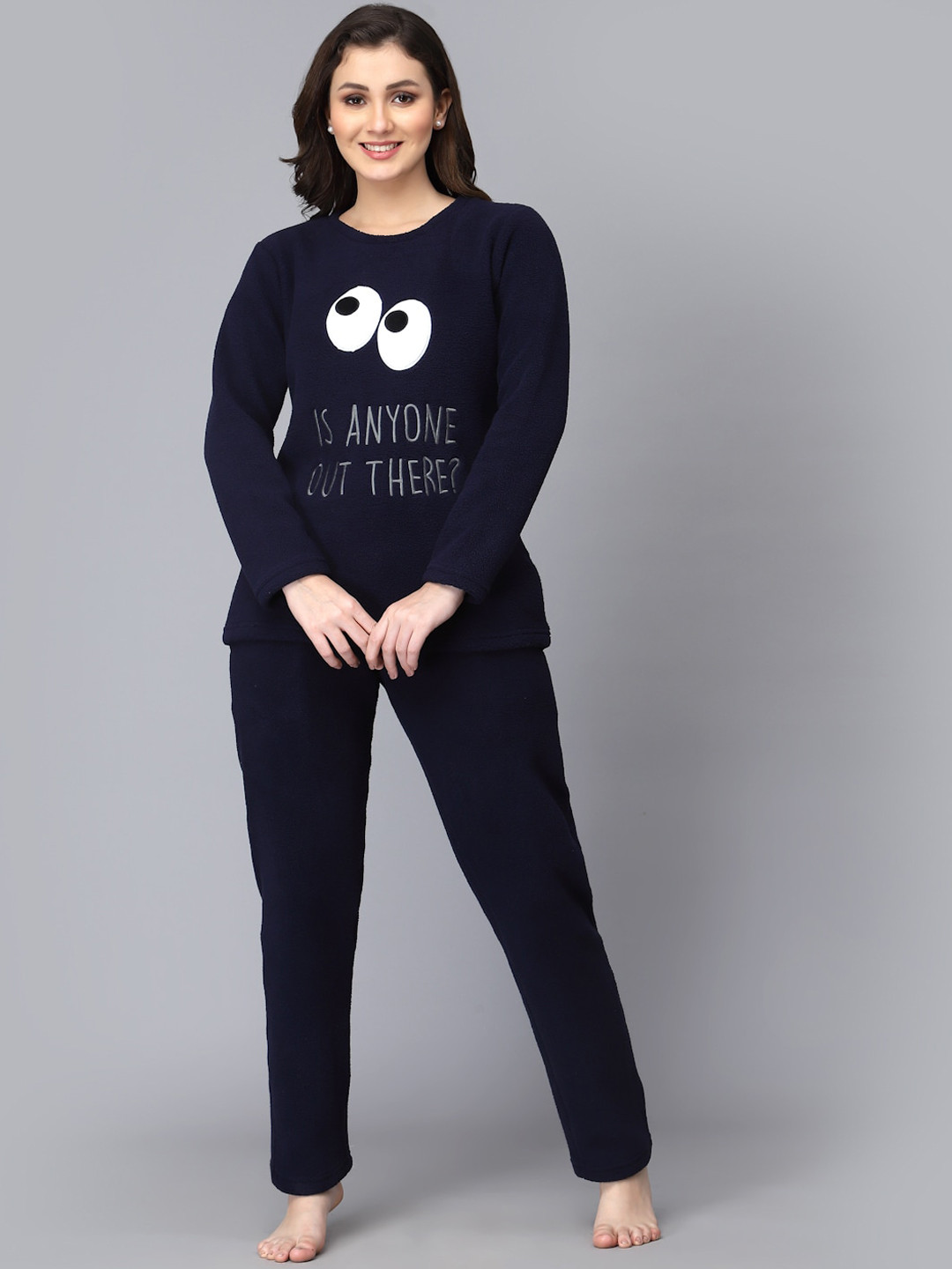 

Sweet Dreams Women Super Soft Polar Fleece Applique Winter Night suit, Navy blue