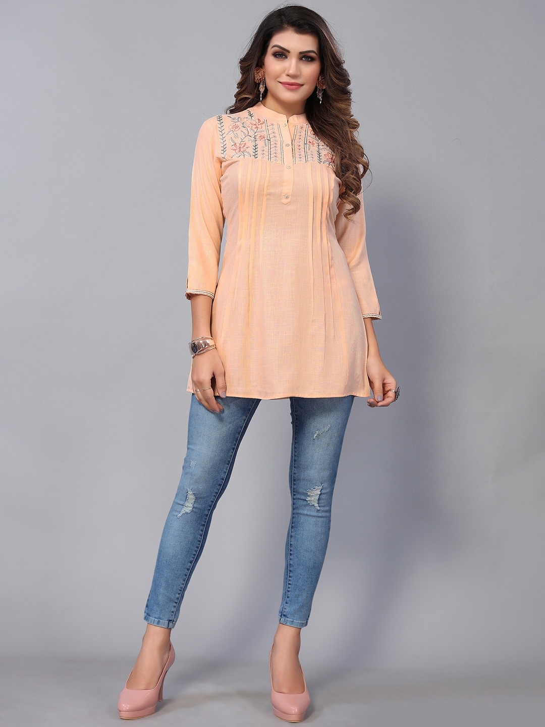 

Nimayaa Orange Floral Embroidered Mandarin Collar Top