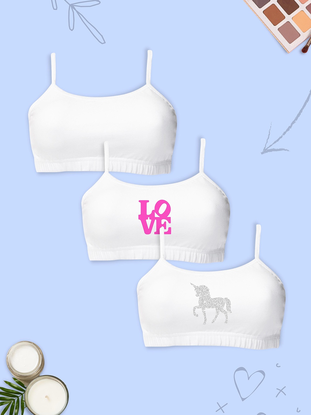 

DChica Pack Of 3 Double Layer Premium Cotton Non-Wired Non Padded Beginners Bra, White