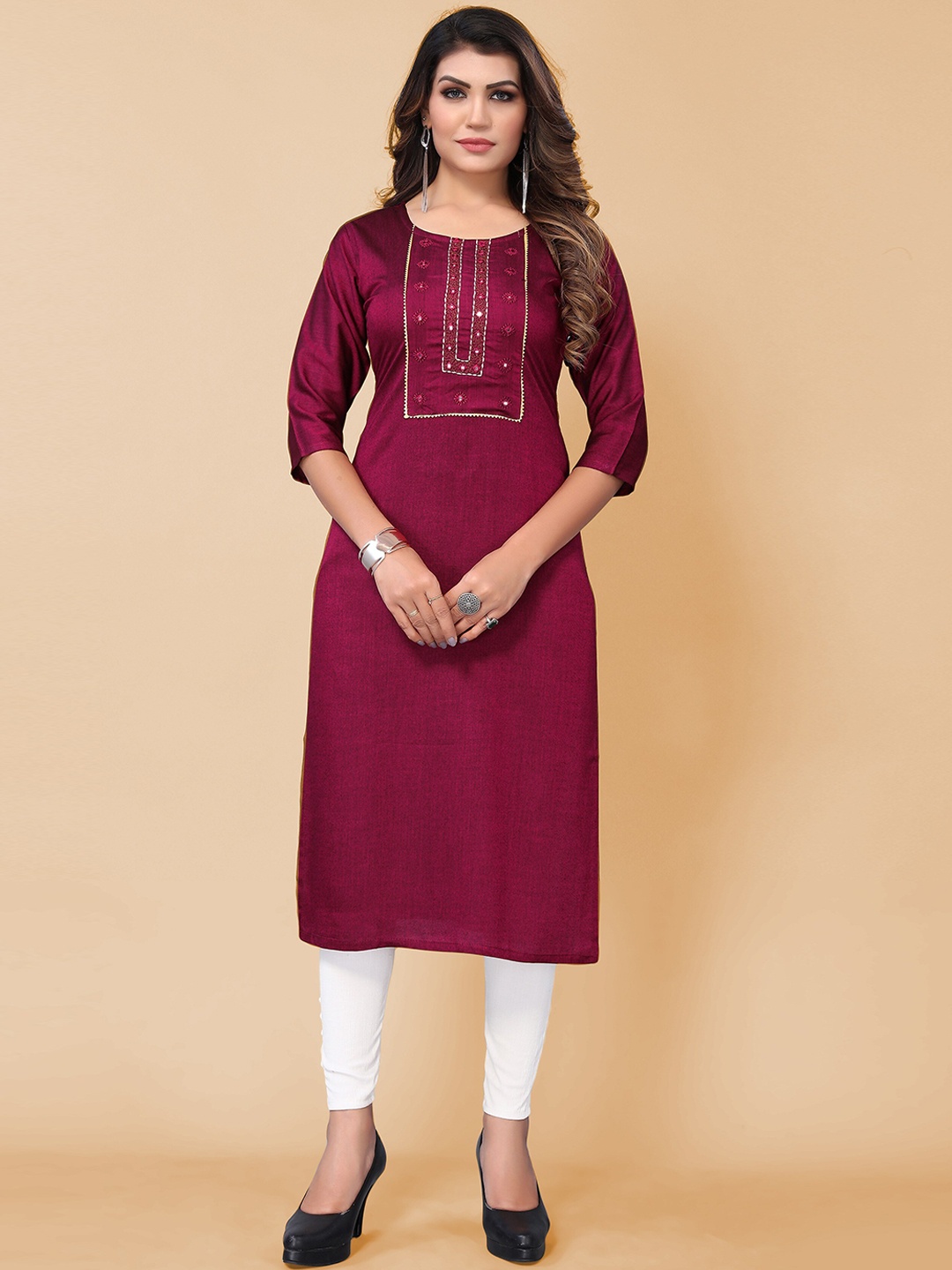 

KALINI Floral Embroidered Cotton Kurta, Burgundy